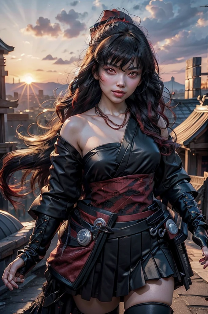 stunning girlfriend, (standing:1.1), dynamic pose, heart shaped face, elegant face, beautiful face, highly detailed face, highly detailed skin, skin pores, subsurface scattering, realistic pupils, loving smile, looking at viewer, full face blush, full lips, detailed background, depth of field, atmospheric perspective, volumetric lighting, sharp focus, absurdres, realistic proportions, good anatomy, (realistic, hyperrealistic:1.4), 16k hdr, 1girl, architecture, bangs, black_hair, black_kimono, breasts, east_asian_architecture, flower, hair_between_eyes, hair_flower, hair_ornament, japanese_clothes, thighhighs kimono, long_hair, looking_at_viewer, multicolored_hair, night, obi, red_eyes, red_hair, sash, sky, clouds, sun, solo