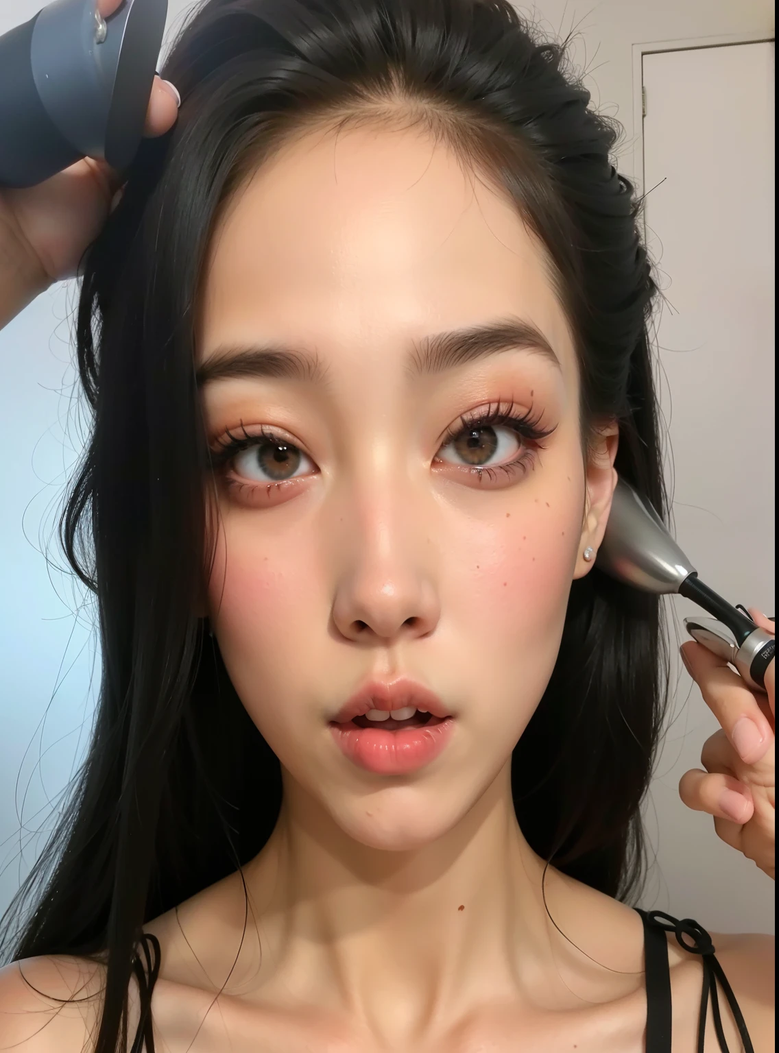 There's a woman who's blow-drying her hair, con cara redonda, maquillaje pesado, Blackpink Jennie, Cara sexy con maquillaje completo, con maquillaje profesional, maquillaje pesado, con mejillas redondas, maquillaje popular de Corea del Sur, maquillaje coreano popular, Sha Xi, labios rojos tenues, south east asian con cara redonda, Small round face, realista. Cheng Yi
