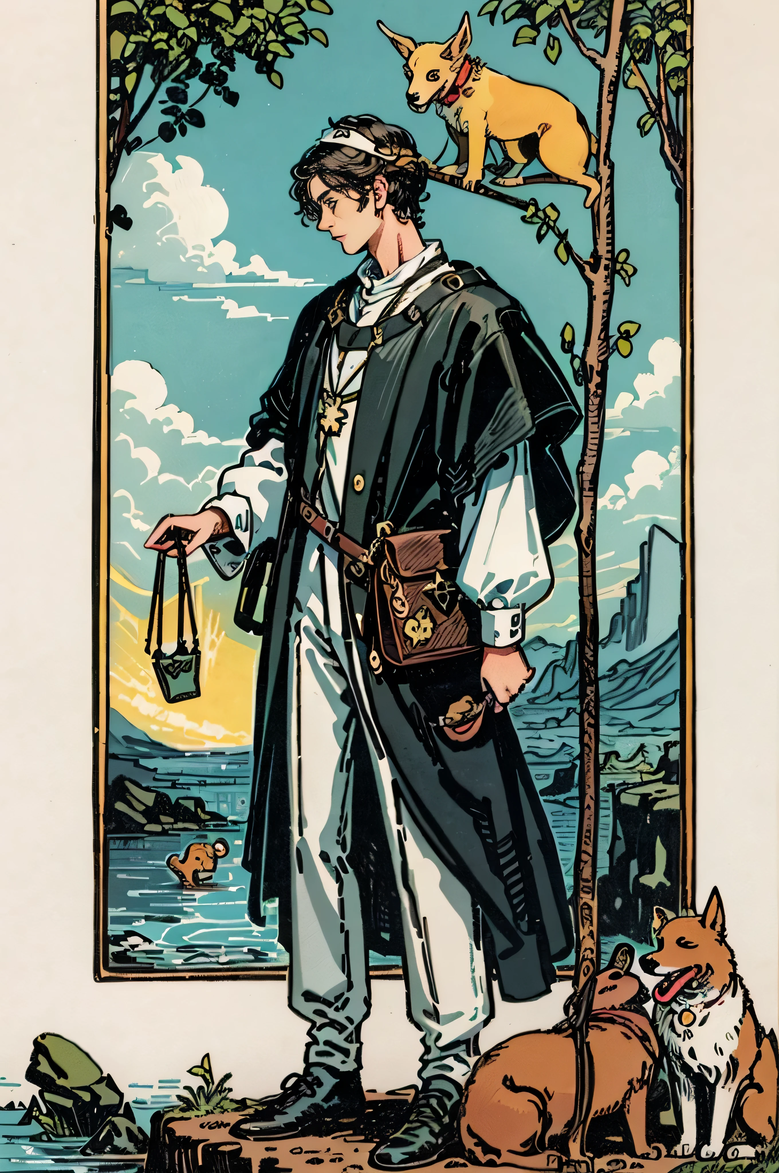tarot card, the fool, man, bindle, stick and bag, cliff, dog