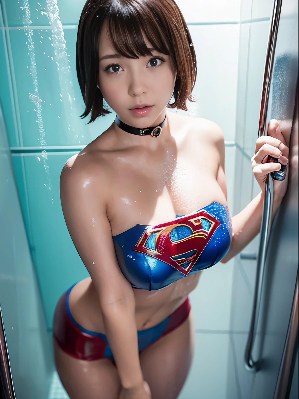 masterpiece、Short-haired Supergirl trapped in shower room、large full breasts、Looking at the camera、Glossy costume、a choker、soaked、Water leakage、submersion、Water droplets、Covered in bubbles、Splattering bubbles、Too short miniskirt