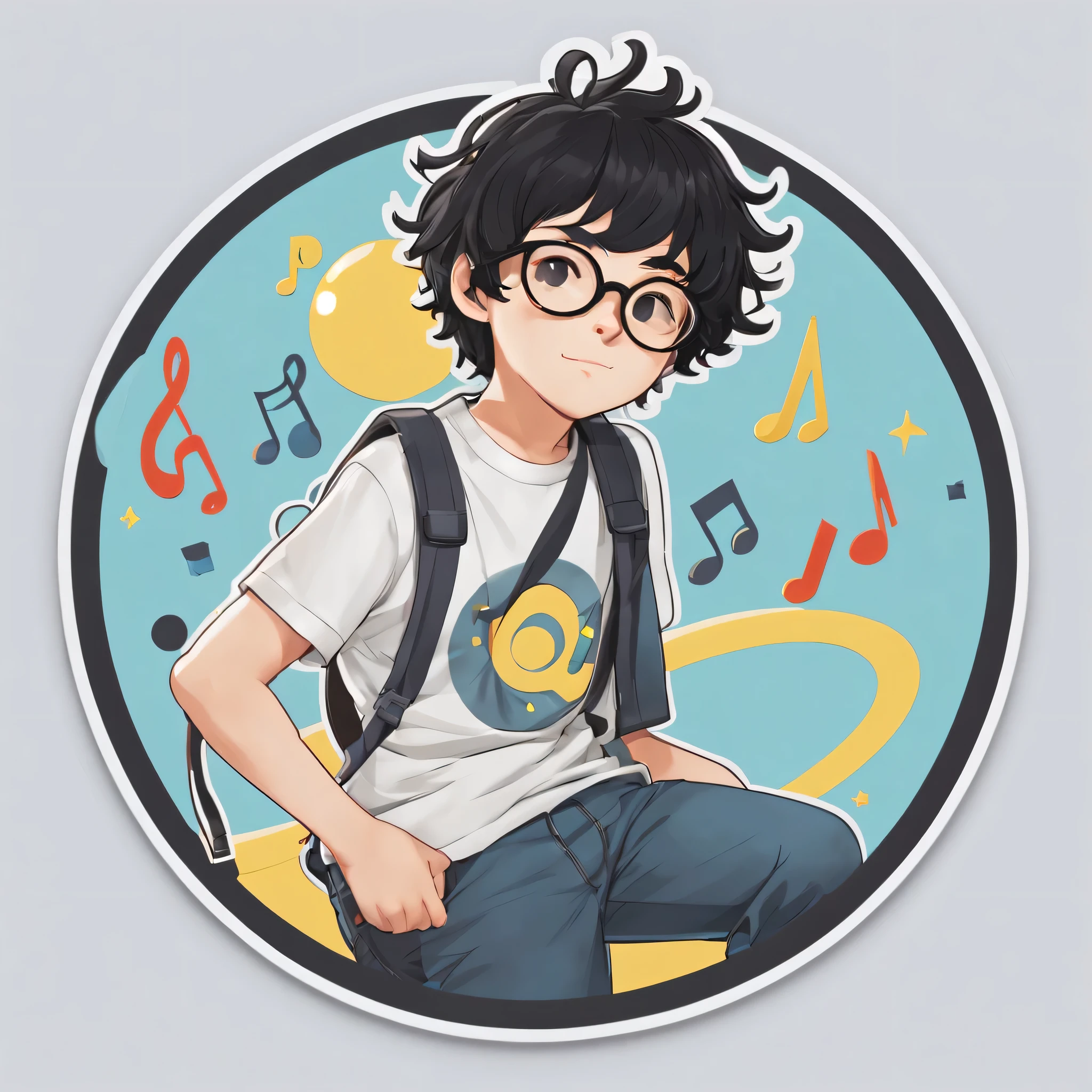 (One sticker,),(3D anime boy),a little fat, short black curly hair, eye glass,  music notes, (on a circular background), (Minimalist border)(cartoonish style)， ultra - detailed, Detailed illustration, vectorized, 8K, 专业One sticker设计, Graphic design, vector lines, One sticker, Full-HD