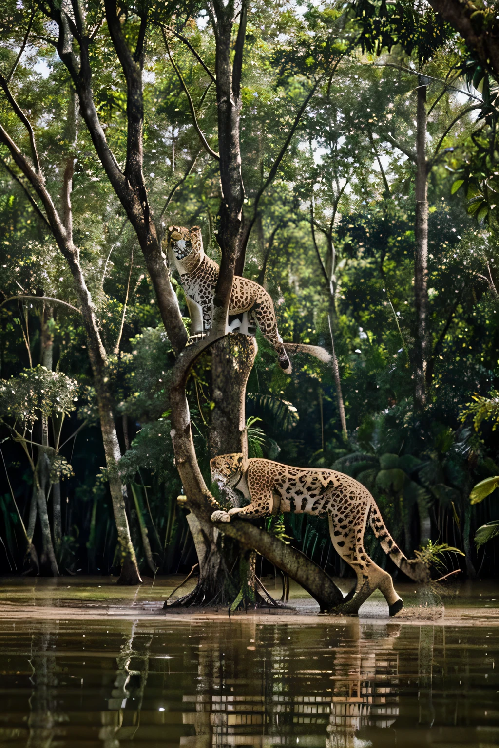 See jaguars perched in trees in a flooded forest in the Amazon region.