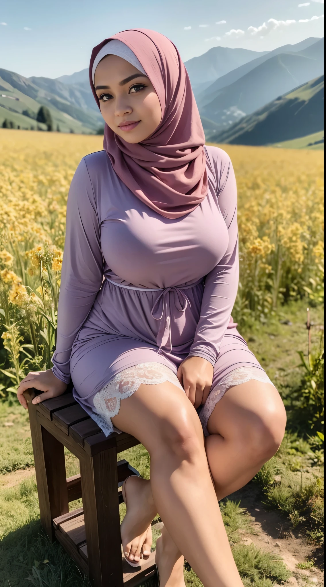 ( Close Up),RAW, Best quality, high resolution, masterpiece: 1.3), beautiful Malay woman in hijab, Masterpiece, perfect fit body, big breasts, beautiful big eyes, Soft smile, beautiful face, perfect hands, thick thighs, sitting ,woman on a wooden platform in the field, wearing a dress floral patterned , wearing a hijab, with a beautiful appearance, casual pose, beautiful girl, with a view in the background, full body woman, female model, female beauty, cute woman, attractive pose, relaxed clothing style, delicate background, beautiful,m, heavenly background, Excellent lighting, Bright colors, Clean lines