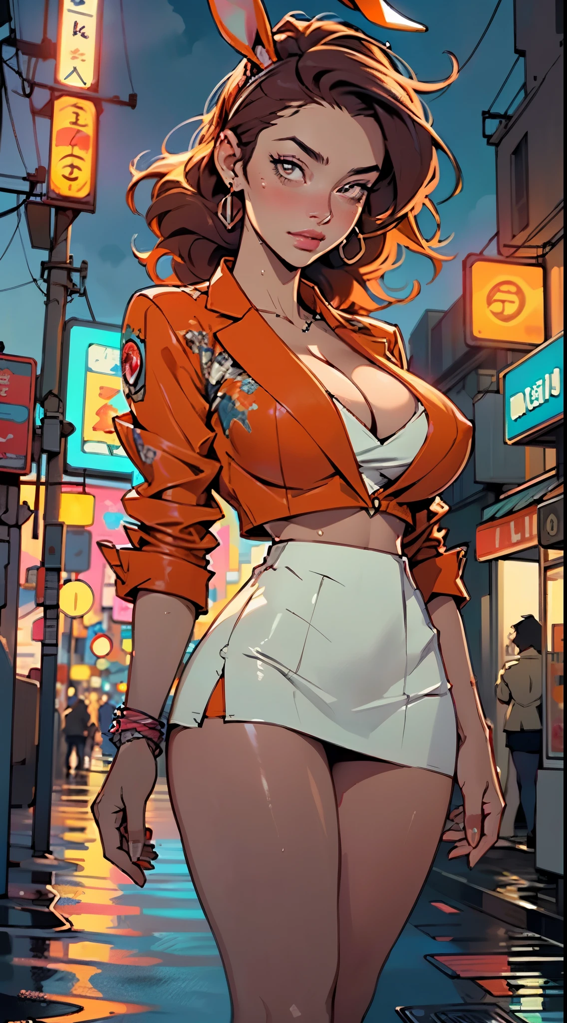 cute bunny girl,(((1girl))),((bunny girl with extremely cute and beautiful orange hair)),(((bunny girl,anthro furry cute,bunny-girl,bunny ears,bunny ears on head,big bunny ears))),

(large breasts:1.4),saggy breasts,(((red orange hair:1.35,colored inner hair,ear breathing,large hair))),((heterochromia:1.5, (red_eye and orange_eye))),intricate eyes,beautiful detailed eyes,symmetrical eyes,big eyes:1.3,((fat)),(((lustrous skin:1.5,bright skin: 1.5,skin tanned,shiny skin,very shiny skin,shiny body,plastic glitter skin,exaggerated shiny skin,illuminated skin,wet legs))),(spider lower abdomen,narrow waist,wide hip,athletic body,inflated legs, thick thighs,detailed body,(detailed face)),

cute,slutty,seductive,erotic,(((nsfw))),

(((wearing dark red formal blazer,short skirt,))),(((huge cleavage))),((wet clothes,intricate outfit,intricate clothes)),

(dynamic pose:1.0),solo focus,embarrassed,(centered,scale to fit dimensions,Rule of thirds),

cyberpunk city by the ocean at night, with bright neon signs and dark stormy clouds and puddles, scenery:1.25,nighttime, starry night, cosmos,Very dark night that makes the neon lights stand out, very bright neon lights,nighttime, starry night, cosmos,

artistic photography,(photography taken by sldr),highres, sharp focus,(ultra detailed, extremely detailed), (photorealistic artwork:1.37),(extremely detailed CG unity 8k wallpaper),((synthwave background theme)),(((vibrant colors))),intricate,(intricate background),(masterpiece),(best quality),perfect rendered face,perfect face details,realistic face,photo realistic,analog style,((intricate detail)),(((realism))),