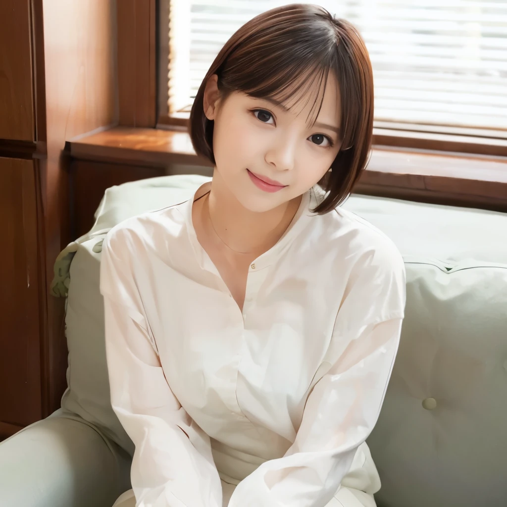 Feminine white long sleeve blouse、Bob Hair