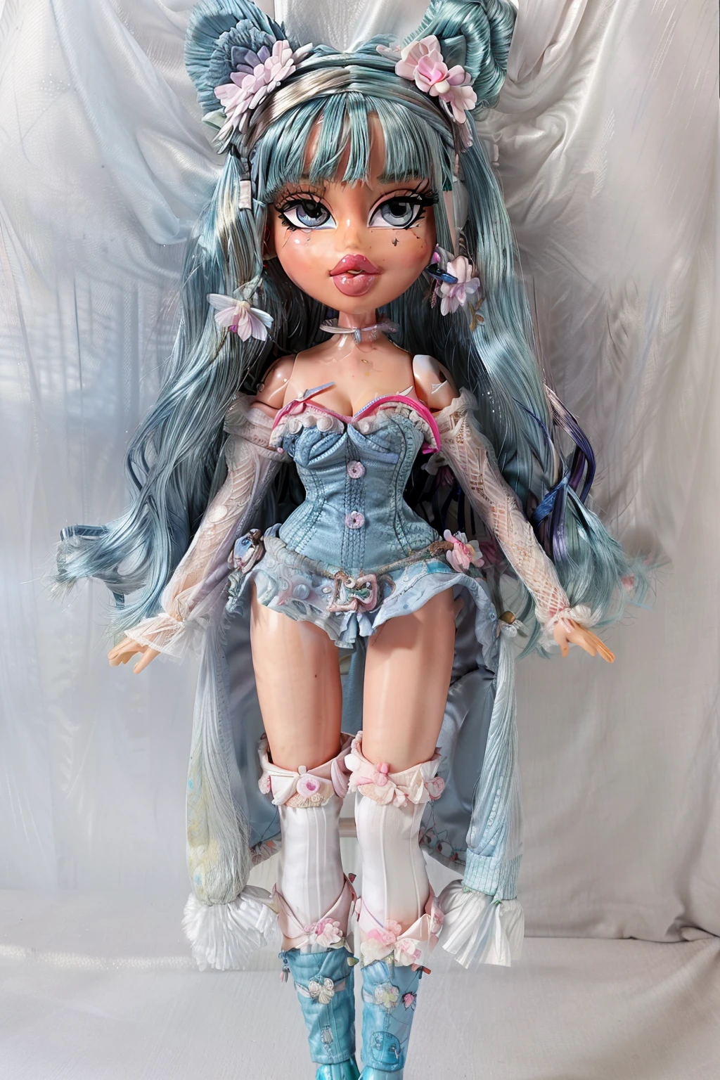 Bratz girl with detailed eyes and big lips and blue hair, wearing versace colorful flowers dress , full body , plastic skin , doll joints , ,(masterpiece, top quality, best quality, beautiful and aesthetic:1.2), tatara kogasa, doll, revealing clothes, big head, animal ears, mouse ears, 1girl, solo, breasts, curvy, wide hips, narrow waist, joints, doll joints, cleavage, bursting breasts, huge breasts, lips, 1girl,heterochromia, blue hair,short hair,long sleeves, blue skirt, full body, high heels, thighhighs, long legs,