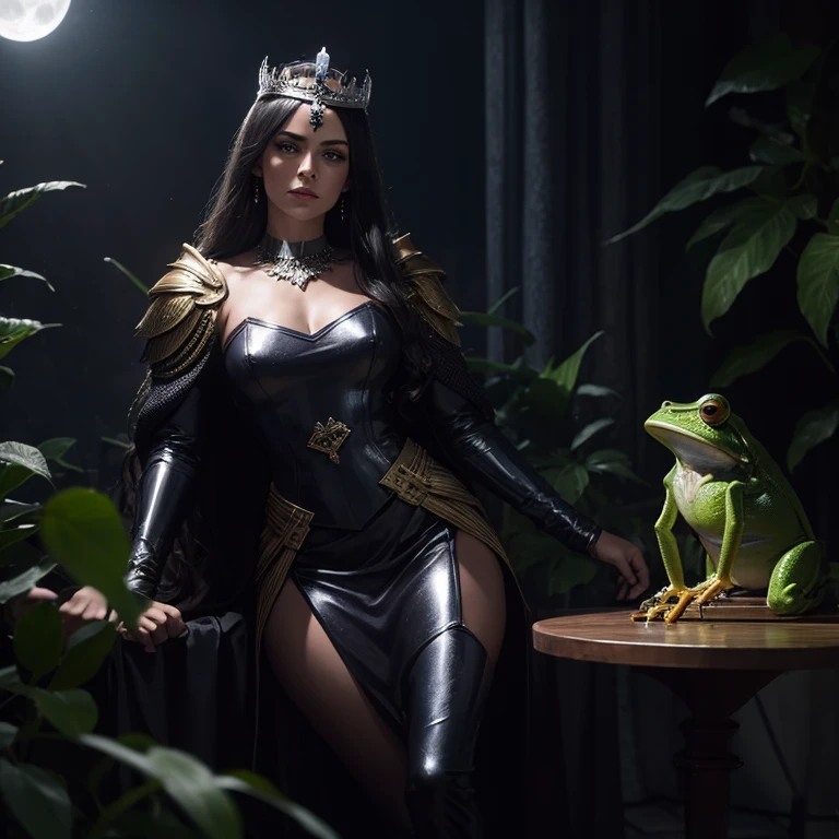 Queen Valkyrie, Caucasian, dark hair, moonlight, holding a crowned frog.