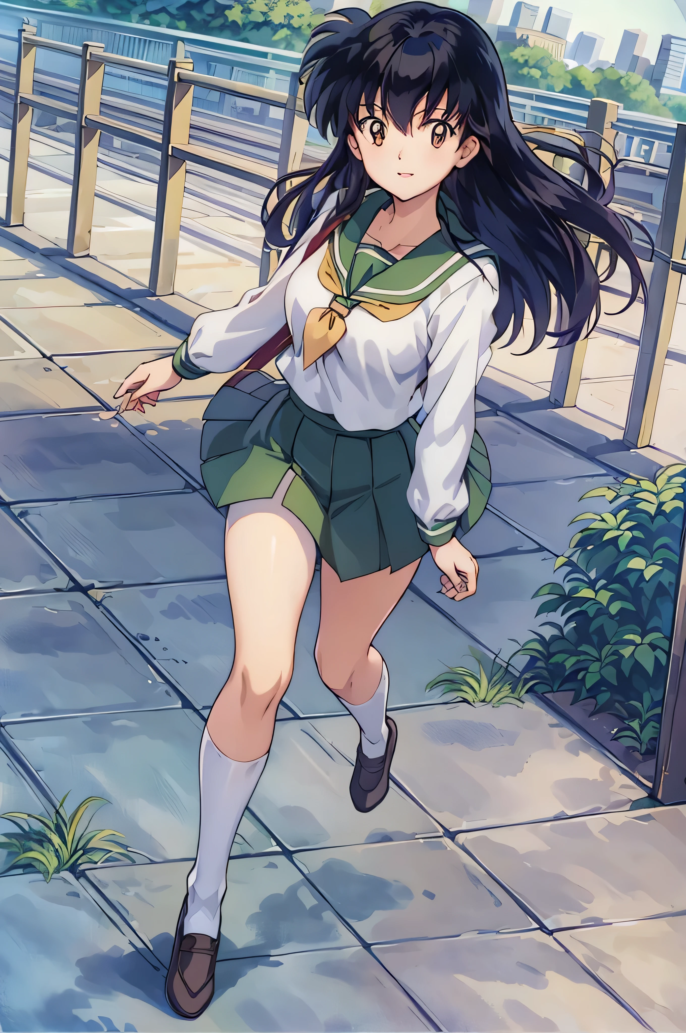 (Best Quality), 1Woman,1girl Kagome Higurashi, brown eyes, full body, photorealistic, (hyperrealistic:1.2), perfect eyes, perfect face, perfect lighting, outdoors, green colors, city, school uniform, happy, , walking,, smile, pantyhose green