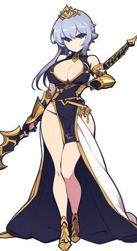 (((Best Quality))) , ((full body)), female, reference sheet, solo, (white background), slit dress, holding weapon, loin cloth, princess knight armor,