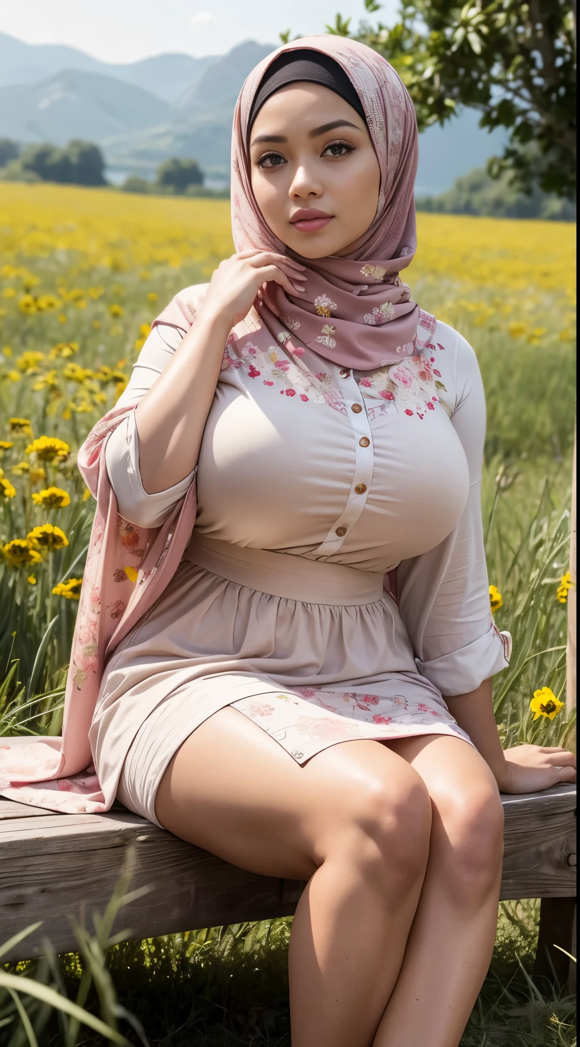 Realistic photo, a beautiful 14 year old girl, wearing a white hijab with colorful floral motifs, naked, big breasts, sitting astride the bed, nice pussy, intricate details, detailed, realistic, real.