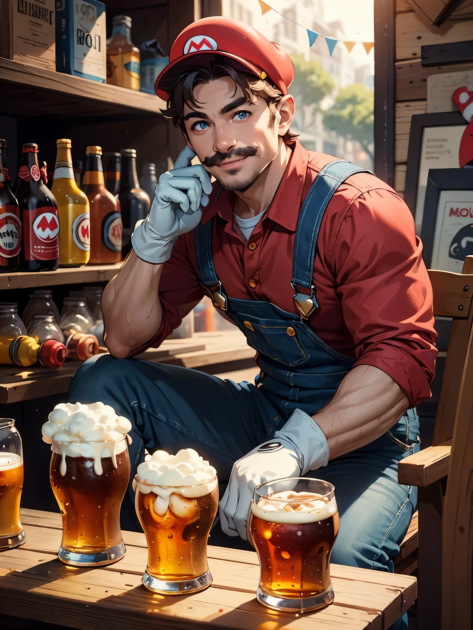 (masterpiece), (bestquality), supermario, blue overalls, red shirt, red cap, smiling, mature man, (white gloves:1.1), disco in the background, blue eyes, brown moustache, happy, smile, half body, sitting outside, jar of beer on the table, natural light, dynamic pose