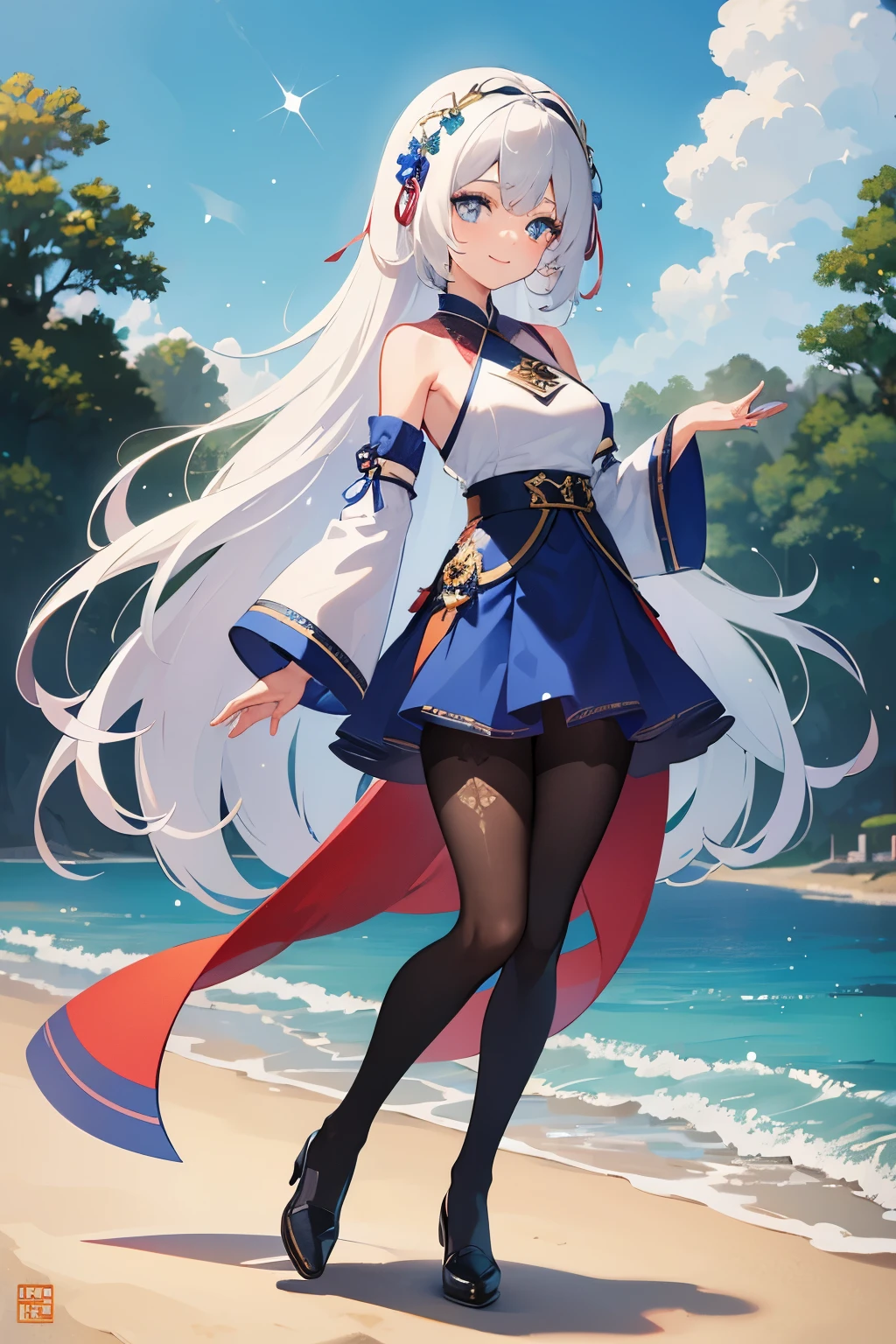 (Masterpiece), (Best Quality), (Super Detailed), (Dirty Hair), (Illustration), (1 Girl) (Long white Hair 1.5) (Blue Eyes), ((((No Shoulders))),Hanfu, (Looking at the Audience, (Interview), ( Background), Beautiful and Delicate Eyes, Delicate Beautiful Face, Soaring (High Saturation), (Colorful Glitter), Multi-colored Bubbles, (Glitter), Accent on Face, PerfectNwsjMajic, Shoulderless, fall clothes, facing the masses, perfect figure, happy, warm smile, full body, tights, beachside, hand holding
