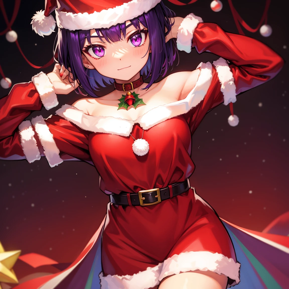 Raven, red jewel on forehead, purple eyes, cute eyes, christmas outfit, short hair, christmas, red outfit, santa outfit, santa hat