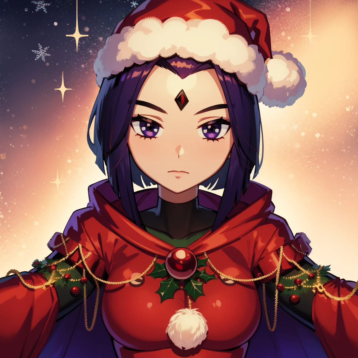 Raven, red jewel on forehead, purple eyes, cute eyes, christmas outfit, short hair, christmas, red outfit, santa outfit, santa hat