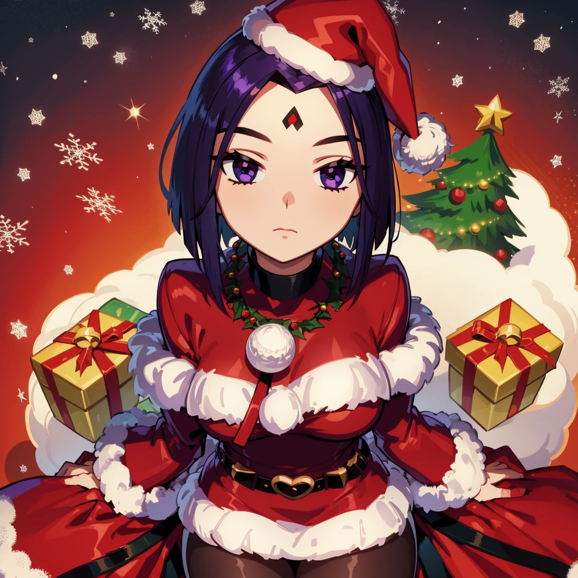 Raven, red jewel on forehead, purple eyes, cute eyes, christmas outfit, short hair, christmas, red outfit, santa outfit, santa hat