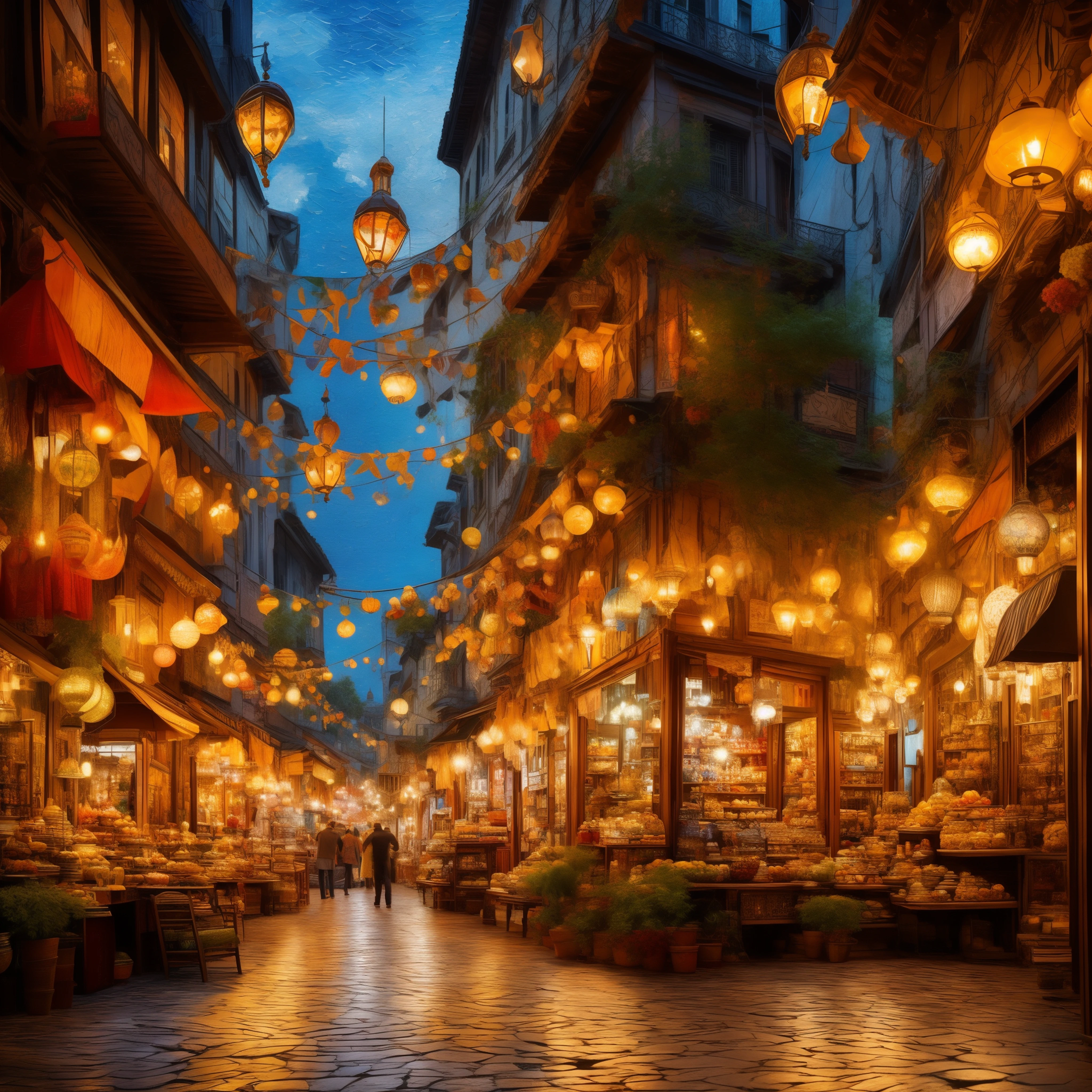 (best quality,4k,8k,highres,masterpiece:1.2),ultra-detailed,(realistic,photorealistic,photo-realistic:1.37),istanbul Grand Bazaar, vibrant colors, Van Gogh style, bustling market, intricate patterns, elegant architecture, crowded stalls, vibrant textiles, charming street vendors, authentic Turkish culture, lively atmosphere, sunlit alleys, traditional crafts, ornate decorations, mosaic artworks, historical landmarks, iconic domes, intricate carvings, bustling shoppers, narrow passageways, vibrant and energetic brushstrokes, dazzling color palette, expressive brushwork, exquisite textile patterns, warm and inviting ambiance, unique cultural experience, dynamic composition, immersive depth, romantic and dreamy lighting, picturesque scenes.