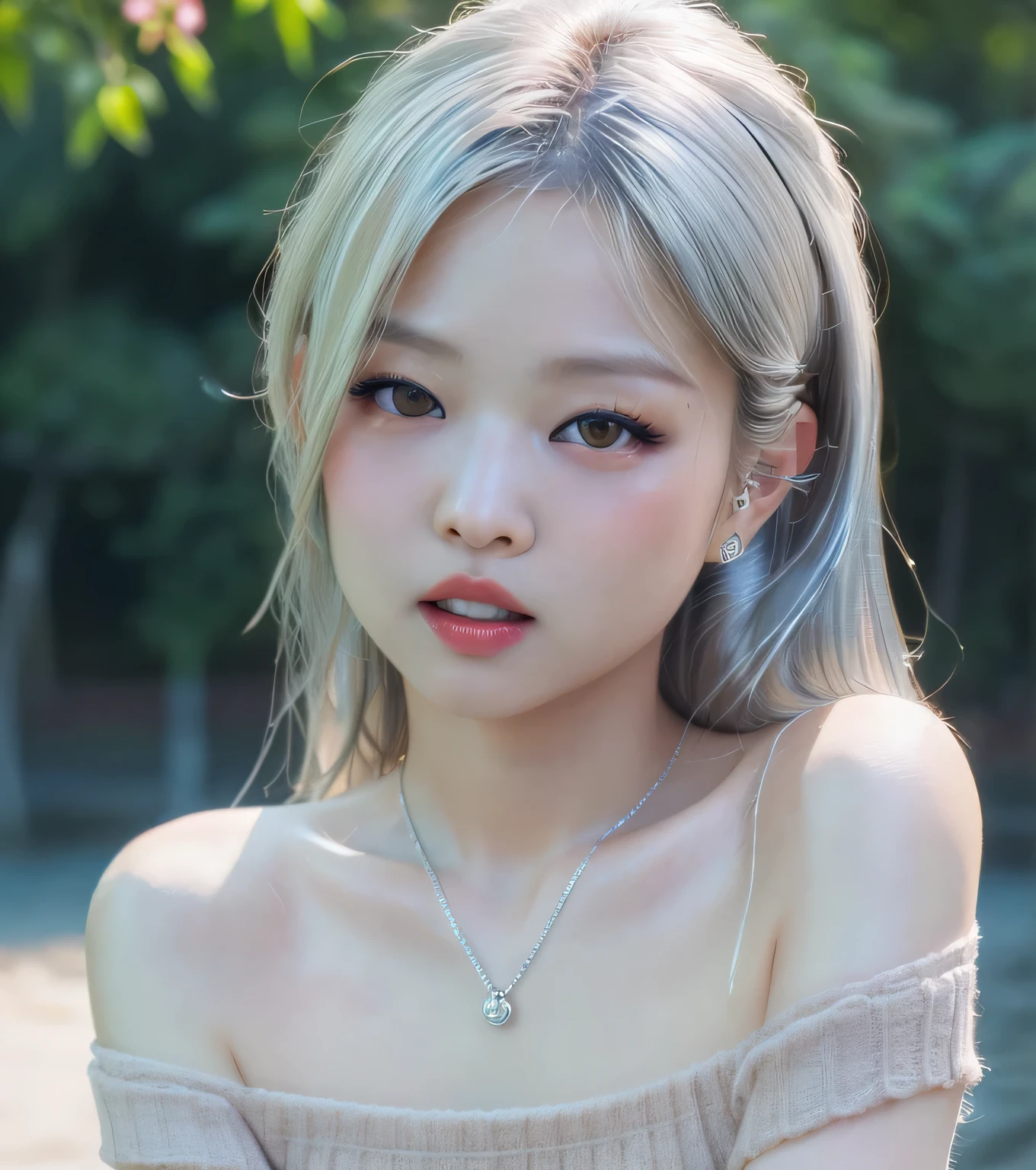 (10, raw photograph, 最高品質, high-res:1.1), (hyperเหมือนFริง:1.4),(เหมือนFริง, photoเหมือนFริง:1.3), soFt light,youthful,เหมือนFริง Face,เหมือนFริง body,เหมือนFริง skin,absurdity,masterpiece,(kawaii:1.8),(large:1.2),sexual expression,Blusher,oFF-shoulder knit,cleavage,Film grain,cherry colored lips,closeup,look viewer,long-haired,Full body,Upper teeth, depth oF Field, Blurry Background,eye Focus,young,85mm lens.,F/1.4,proFessional lighting,portrait,photons mapping,Physically Based Rendering,tattoo,Embarrassing,transparency,silver blonde hair,