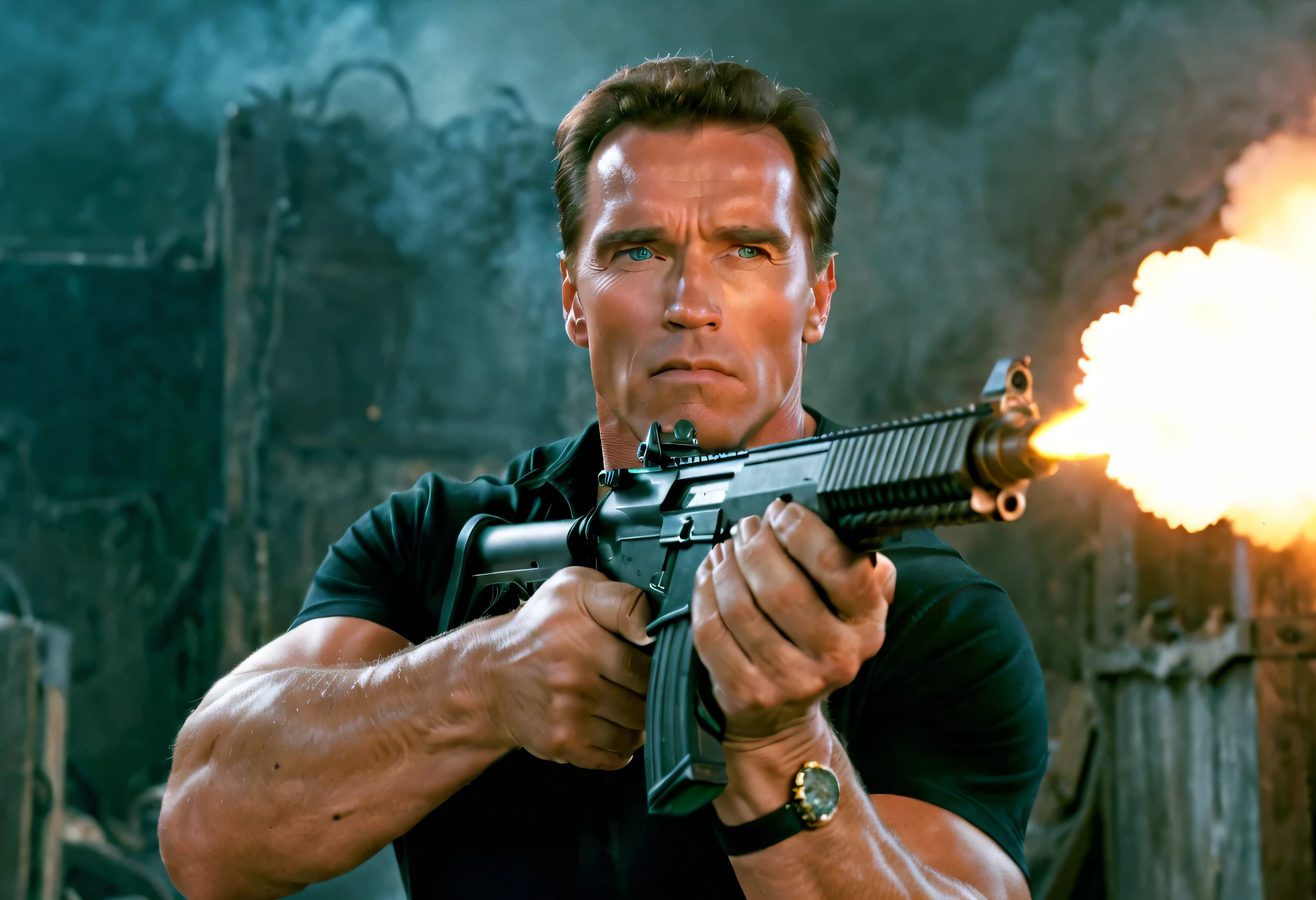 (best quality,4k,8k,highres,masterpiece:1.2),ultra-detailed,realistic:1.37,arnold schwarzenegger,brutal,vivid colors,sharp focus,machine gun in hand,shooting,burst fire,empty casings dropped down ,explosions on background,dramatic lighting,strong shadows,physically-based rendering, determined eyes,smoke-filled air,high-contrast,