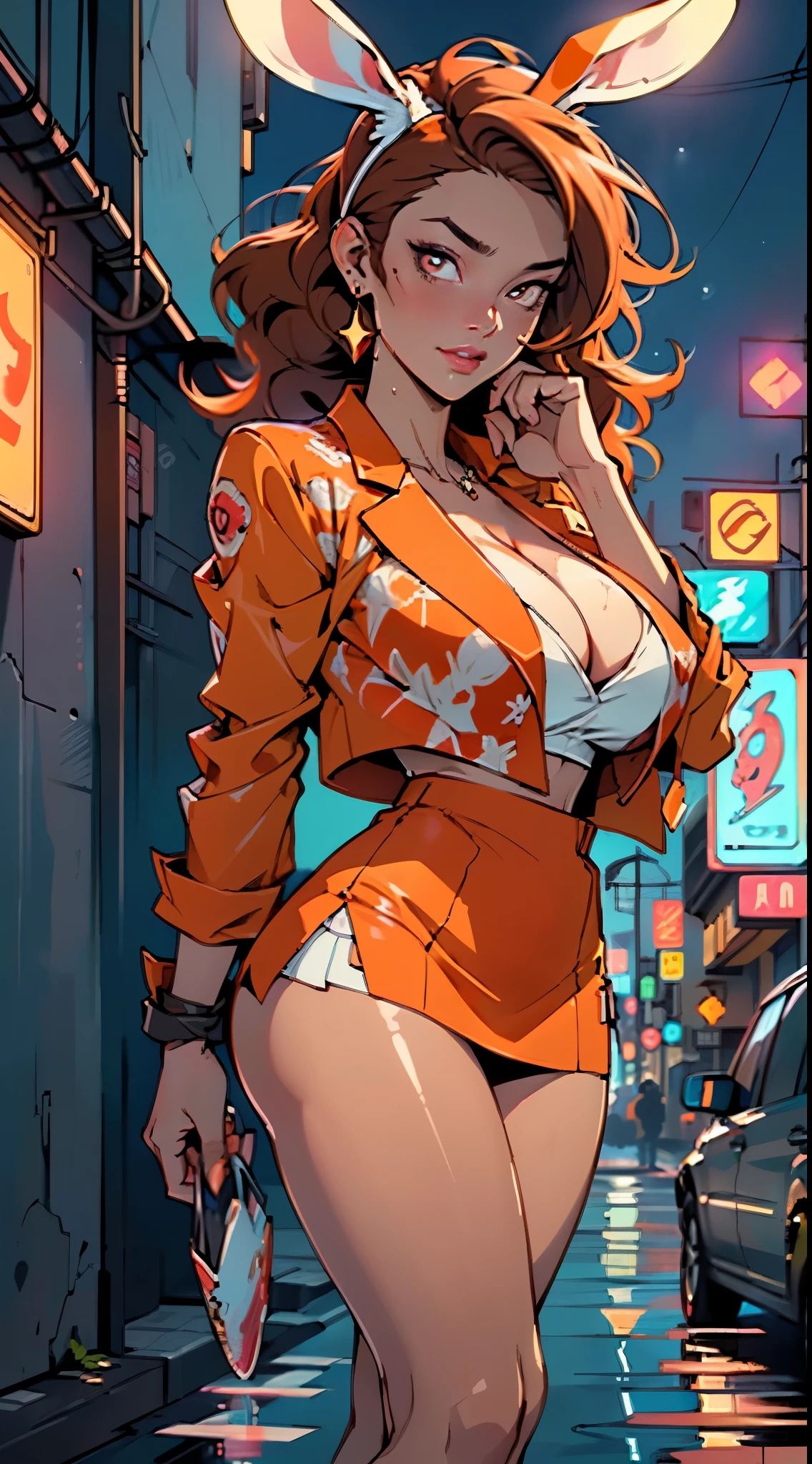 cute bunny girl,(((1girl))),((bunny girl with extremely cute and beautiful orange hair)),(((bunny girl,anthro furry cute,bunny-girl,bunny ears,bunny ears on head,big bunny ears))),
(large breasts:1.4),saggy breasts,(((red orange hair:1.35,colored inner hair,ear breathing,large hair))),((heterochromia:1.5, (red_eye and orange_eye))),intricate eyes,beautiful detailed eyes,symmetrical eyes,big eyes:1.3,((fat)),(((lustrous skin:1.5,bright skin: 1.5,skin tanned,shiny skin,very shiny skin,shiny body,plastic glitter skin,exaggerated shiny skin,illuminated skin,wet legs))),(spider lower abdomen,narrow waist,wide hip,athletic body,inflated legs, thick thighs,detailed body,(detailed face)),
cute,slutty,seductive,erotic,(((nsfw))),
(((wearing dark red formal blazer,short skirt,))),(((huge cleavage))),((wet clothes,intricate outfit,intricate clothes)),
(dynamic pose:1.0),solo focus,embarrassed,(centered,scale to fit dimensions,Rule of thirds),
cyberpunk city by the ocean at night, with bright neon signs and dark stormy clouds and puddles, scenery:1.25,nighttime, starry night, cosmos,Very dark night that makes the neon lights stand out, very bright neon lights,nighttime, starry night, cosmos,
artistic photography,(photography taken by sldr),highres, sharp focus,(ultra detailed, extremely detailed), (photorealistic artwork:1.37),(extremely detailed CG unity 8k wallpaper),((synthwave background theme)),(((vibrant colors))),intricate,(intricate background),(masterpiece),(best quality),perfect rendered face,perfect face details,realistic face,photo realistic,analog style,((intricate detail)),(((realism))),