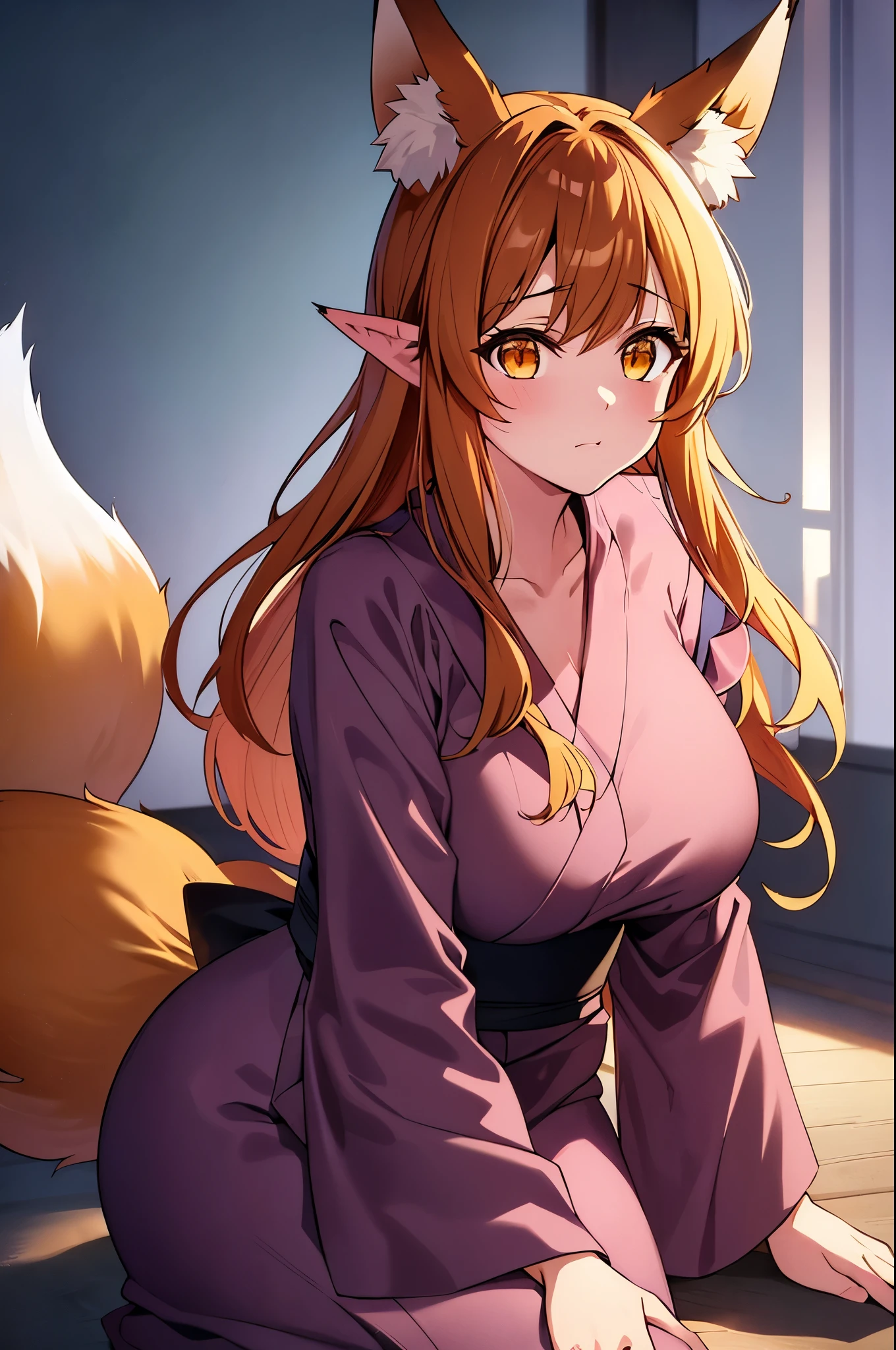 Anatomical, Award-winning concept art, Beautiful, fine details, ((Looking up at Viewer)), 1 Girl, Full Body, Solo, sitting, sitting on legs, (((Kitsune))), ((((((Very Dark brown fox tails and ears)))))), (((multiple kitsune fox tails))), (((((Very Dark brown hair))))), shoulder length hair, soft brown eyes, ((((purple yukata with black sash)))), Masterpiece, Best Quality, Super Detail, Illustration, Very Delicate and Beautiful, solo, Dynamic Angle, Looking at viewer, anime moe artstyle, motherly, (((Mommy))), ((Fox lady mommy)), ((Oneesan)), shoulder length hair, (plump), (FLUFFY FOX TAILS), exceptionally beautiful, ((curvy)), (((voluptuous))), high quality, volumetric lighting, Kitsune, Fantastic Visual Depiction, Professional Effect, Beautiful Girl, Unevenness, (volumetric lighting)