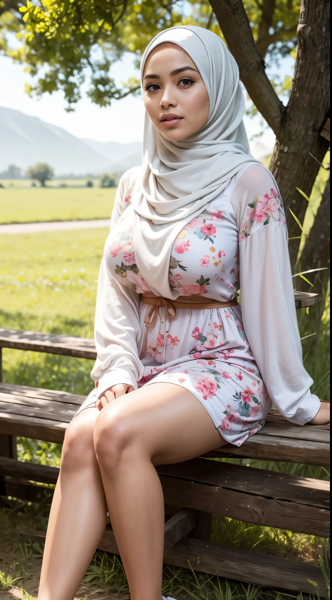 ( Close Up),RAW, Best quality, high resolution, masterpiece: 1.3), beautiful Malay woman in hijab, Masterpiece, perfect fit body, big breasts, beautiful big eyes, Soft smile, beautiful face, perfect hands, thick thighs, sitting ,woman on a wooden platform in the field, wearing a dress floral patterned , wearing a hijab, with a beautiful appearance, casual pose, beautiful girl, with a view in the background, full body woman, female model, female beauty, cute woman, attractive pose, relaxed clothing style, delicate background, beautiful,m, heavenly background, Excellent lighting, Bright colors, Clean lines