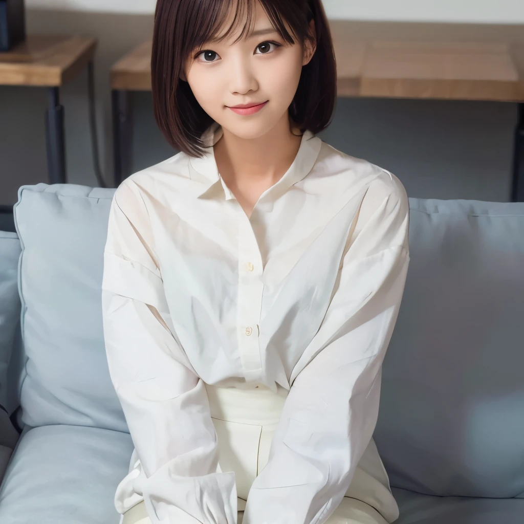 Top image quality、top-quality、masterpiece、超A high resolution、8K、Unripe、photographrealistic:1.4、profetional lighting、cute school girl、a baby face、Bery short hair、A slender、Moderate size chest cup bust、ssmile、wearing a white tight long-sleeved T-shirt、wearing denim overalls in the living room、Sitting on a white sofa