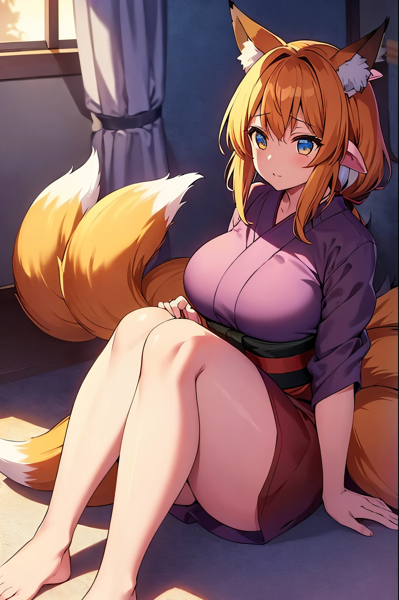 Anatomical, Award-winning concept art, Beautiful, fine details, ((Looking up at Viewer)), 1 Girl, Full Body, Solo, sitting, sitting on legs, (((Kitsune))), ((((((Very Dark brown fox tails and ears)))))), (((multiple kitsune fox tails))), (((((Very Dark brown hair))))), shoulder length hair, soft brown eyes, ((((purple yukata with black sash)))), Masterpiece, Best Quality, Super Detail, Illustration, Very Delicate and Beautiful, solo, Dynamic Angle, Looking at viewer, anime moe artstyle, motherly, (((Mommy))), ((Fox lady mommy)), ((Oneesan)), shoulder length hair, (plump), (FLUFFY FOX TAILS), exceptionally beautiful, ((curvy)), (((voluptuous))), high quality, volumetric lighting, Kitsune, Fantastic Visual Depiction, Professional Effect, Beautiful Girl, Unevenness, (volumetric lighting)