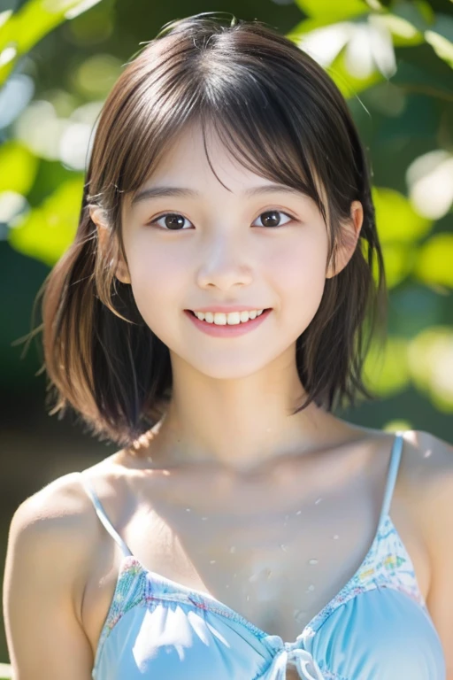 (Beautiful  Japanese female), cute face, (deeply carved face:0.7), (freckles:0.6), soft light,healthy white skin, shy, (serious face), (sparkling eyes), thin, smile, swimsuit