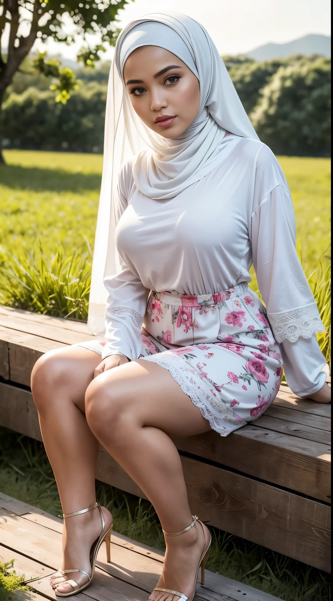 ( Close Up),RAW, Best quality, high resolution, masterpiece: 1.3), beautiful Malay woman in hijab, Masterpiece, perfect fit body, big breasts, beautiful big eyes, Soft smile, beautiful face, perfect hands, thick thighs, sitting ,woman on a wooden platform in the field, wearing a dress floral patterned , wearing a hijab, with a beautiful appearance, casual pose, beautiful girl, with a view in the background, full body woman, female model, female beauty, cute woman, attractive pose, relaxed clothing style, delicate background, beautiful,m, heavenly background, Excellent lighting, Bright colors, Clean lines