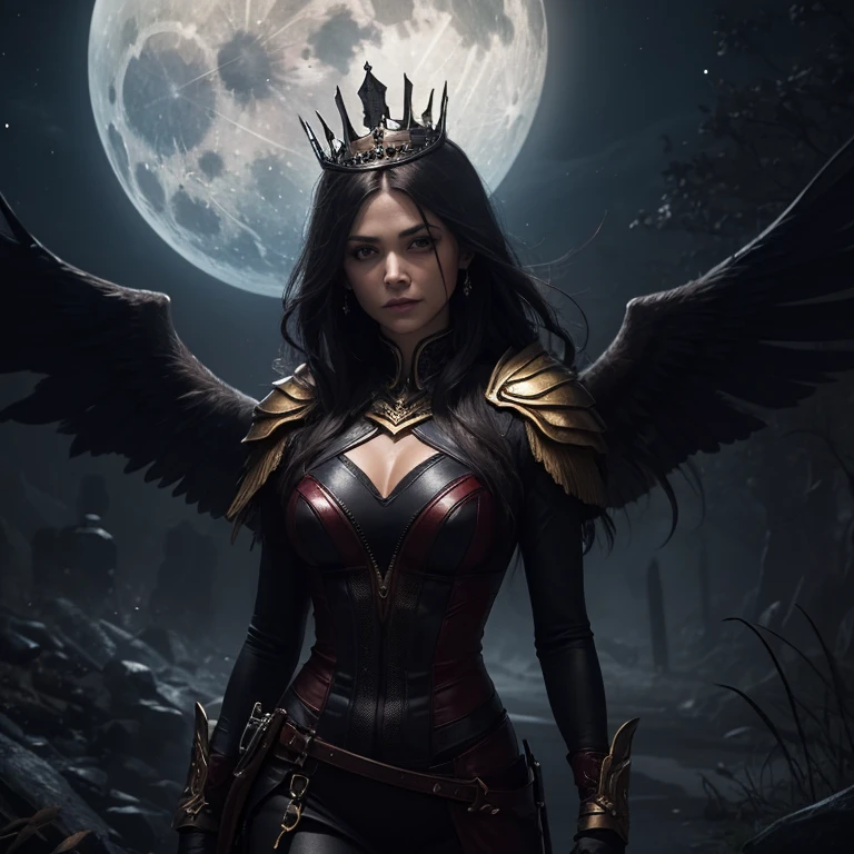 Dark harlequin with light hair and raven wings stands against the moon