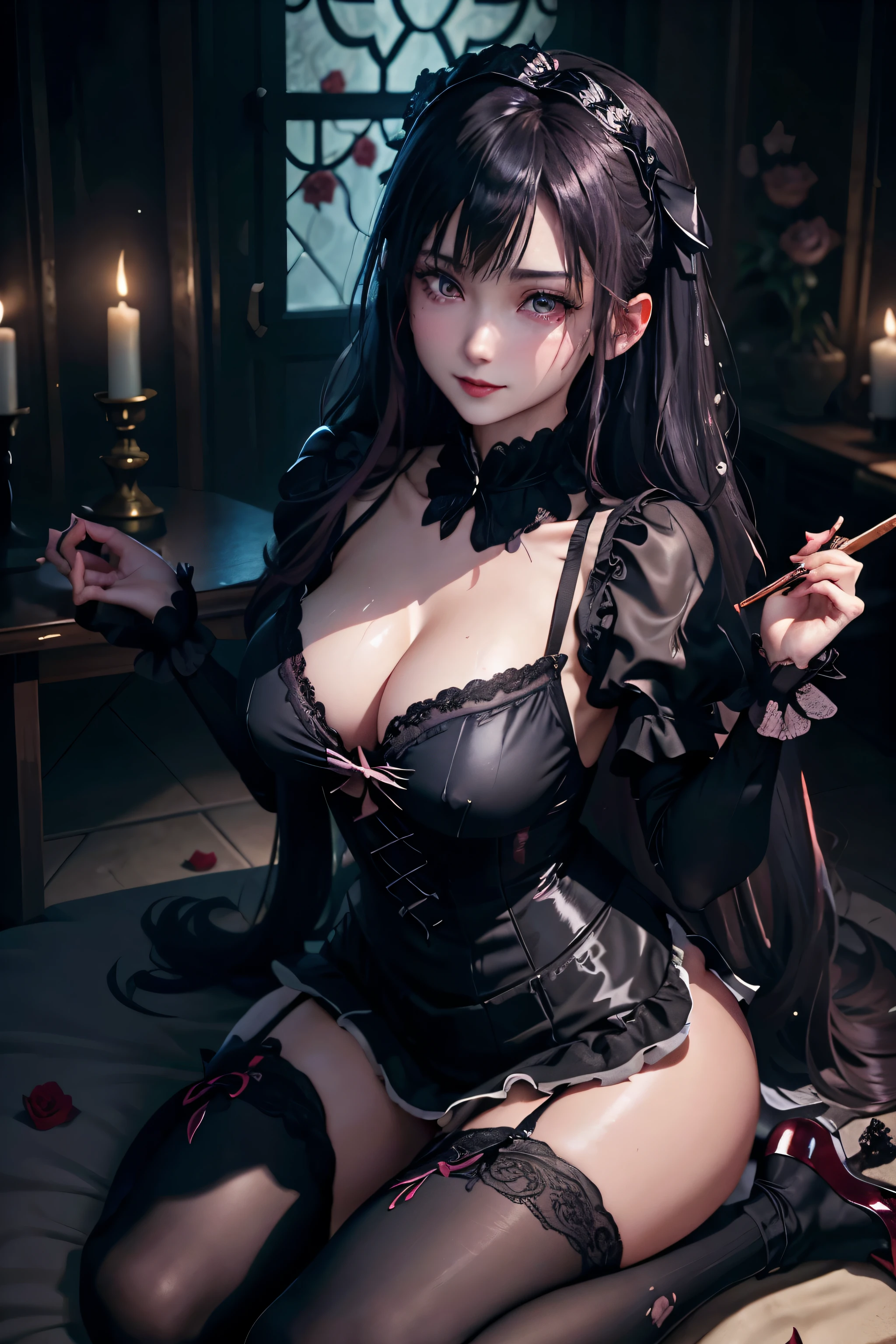 ハードDark Gothicメイク、Maniacal、Deep night sky、horor、Black Dark Eyeshadow、crying how bright、mourn、Good skin luster、Dark Gothicメイク、Dark smile、Restless Palace、Expressions of sexual arousal、Fragrant beauty、22year old、Lying、seductiv、Strong sexual pleasure facial expressions、A look of shame、Dark Gothic、Obscene look、masutepiece、Best Quality、Refers to 5 books、Expression of sexual pleasure in anguish、Drunken face、maid clothes、Mysterious、noble、Face holding back the toilet、Transcendent sex appeal、Affectionate smile、twin-tail hair、jet black ruffle skirt、Right blue eye, The left eye is red、Gothic bed covered with roses、Transcendent Bewitching Pose、stick out buttocks、platform heel shoes、heavy make up、moderate breast size、black lipstick、stain glass、black metal world、sloppily open your legs、Beautifying the world、sit on a bed of roses、Gothic ta服、put your hair up、a little slender、super dark pink hair、Long hair straight hair、cute gothic loliress、美丽的面容、Elegant face、Bewitching look、knee high socks、thigh-high socks、stain glassが背景、the body is wet and shiny、Lots of glitter on the thighs、I'm sweating a lot、A lot of sweat and stickiness on the thighs、Sweat shining generously on the thighs、The whole body is shiny with sweat、Quite sweaty、My thighs are sweaty、my thighs are so wet、My chest is shiny from a lot of sweat、I sweat a lot and my thighs are shiny.、The room is dark、A slender、Moderate breast size、Gothic lolita、bsleeves、Wizard Sleeve、decadent look、Sexually aroused facial expressions、Write a diary、ritualistic、ゴシックritualistic、Glossy thighs wet with water、oily thighs、unusual and mysterious look、Background of a room full of roses、dumbfounded look on one's face、