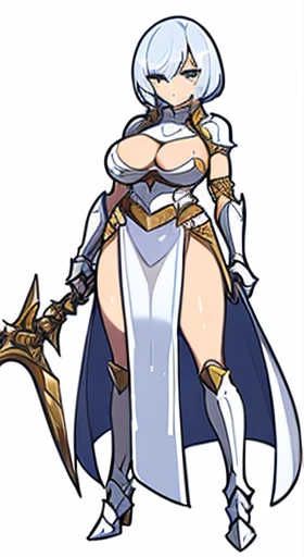 (((Best Quality))) , ((full body)), female, reference sheet, solo, (white background), slit dress, armored dress, holding weapon, loin cloth, gauntlet, breast armor, knight,