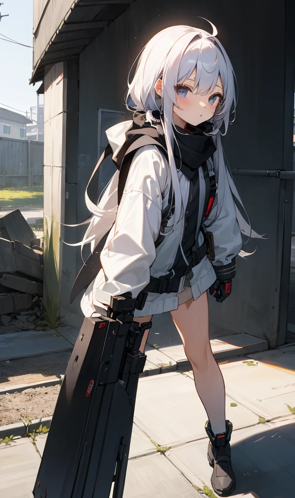 ​masterpiece、top-quality、女の子1人、pale hair、Twin-tailed、kawaii、scarf、Exposed black futuristic combat uniform、outside of house、Street、casual,Ruins