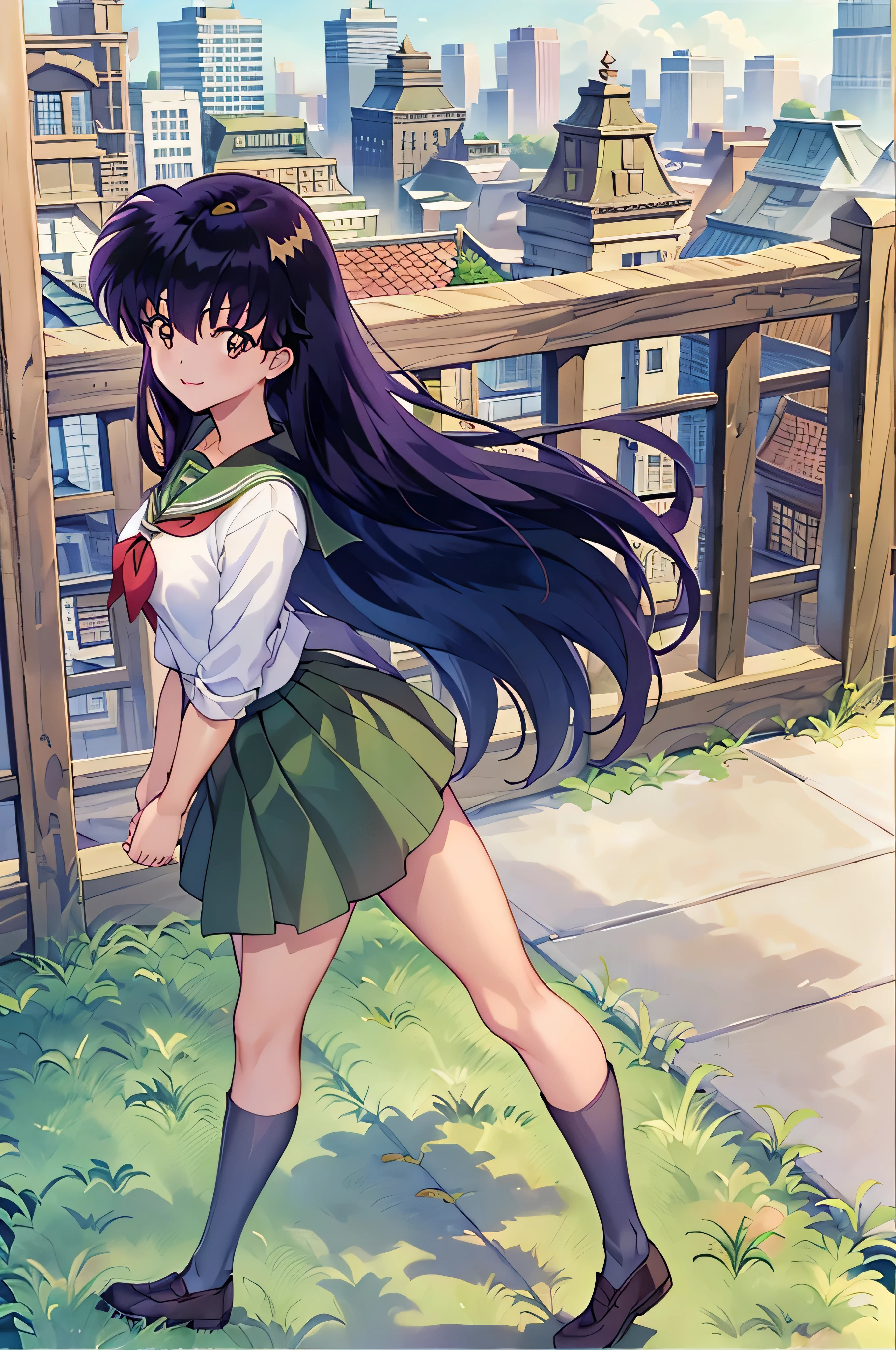 (Best Quality), 1Woman,1girl Kagome Higurashi, brown eyes, full body, photorealistic, (hyperrealistic:1.2), perfect eyes, perfect face, perfect lighting, outdoors, green colors, city, school uniform, happy, , walking,, smile, pantyhose green