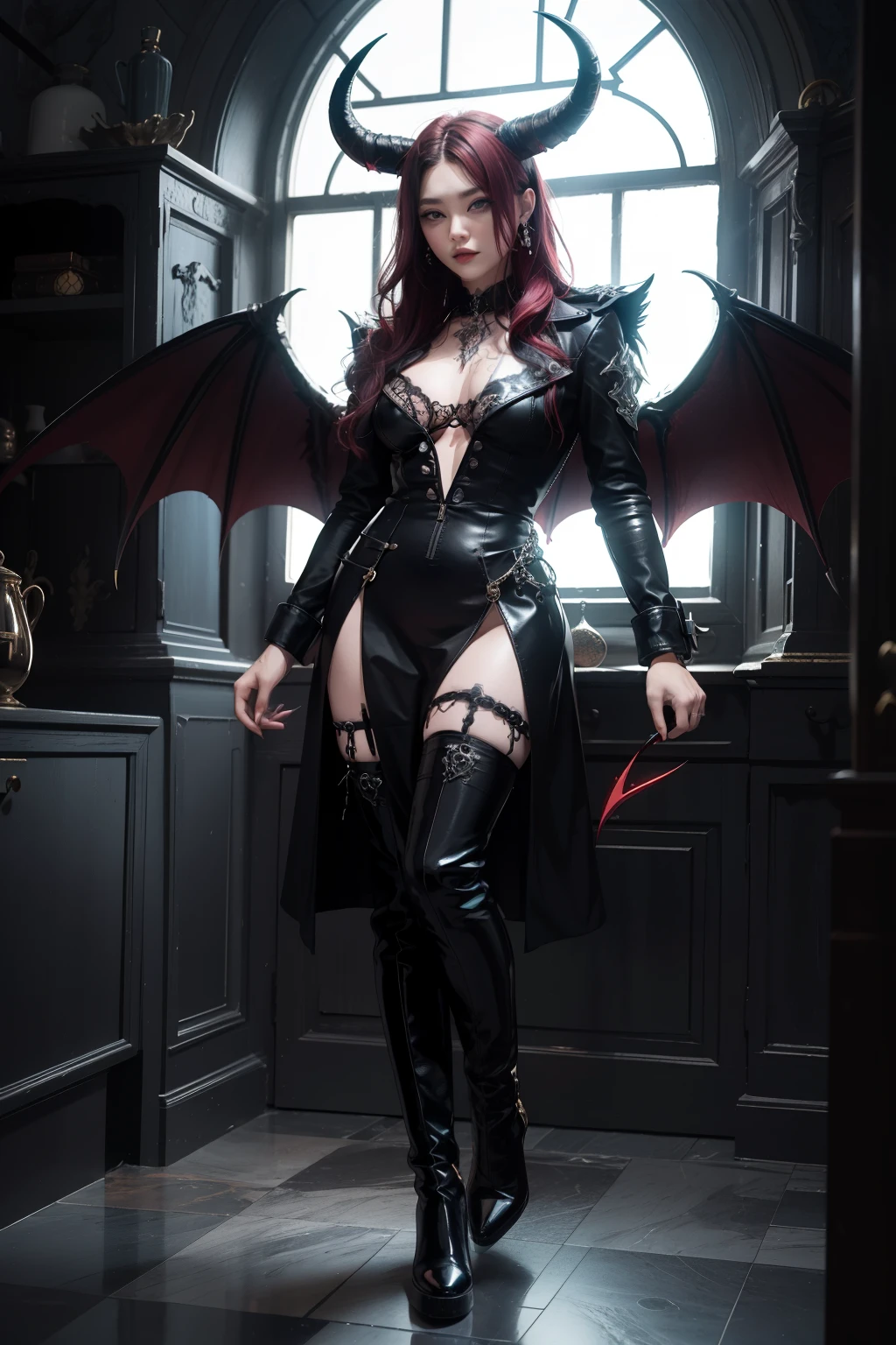 Demon boy, 18 years old, handsome man, horns, demon wings, tail, gothic style, high boots, with tattoos, fullbody