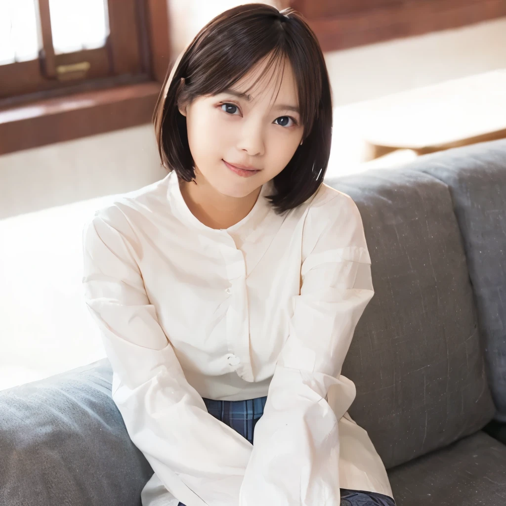 Top image quality、top-quality、masterpiece、超A high resolution、8K、Unripe、photographrealistic:1.4、profetional lighting、cute school girl、a baby face、Bery short hair、A slender、Moderate size chest cup bust、ssmile、wearing a white tight long-sleeved T-shirt、wearing denim overalls in the living room、Sitting on a white sofa