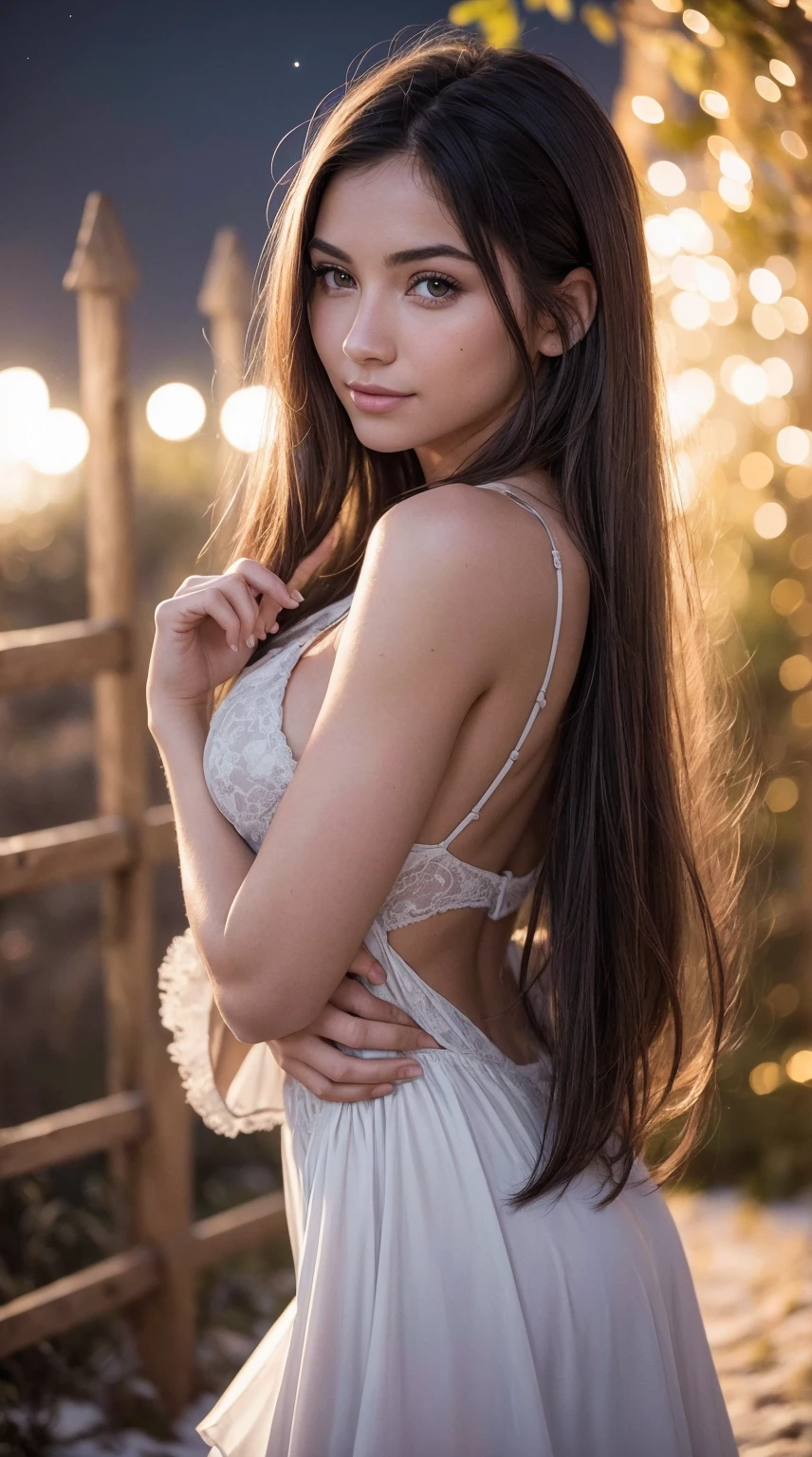 Low angle shot, night photography, in the countryside, under the winter starry sky,
1 gorgeous woman,
23 ans,
subtle smile,
flirts with the camera,
she’s a model, pose,
(European girl:1.2), (random hair:1.3),
(Realistic hair:1.2),
(realistic eyes:1.2),
(Beauty face:1.erfect body,
perfect hands,
Kodak gold 200,
National Geographic style,
Best quality, ultra highres, (photoreallistic:1.4), 8k,