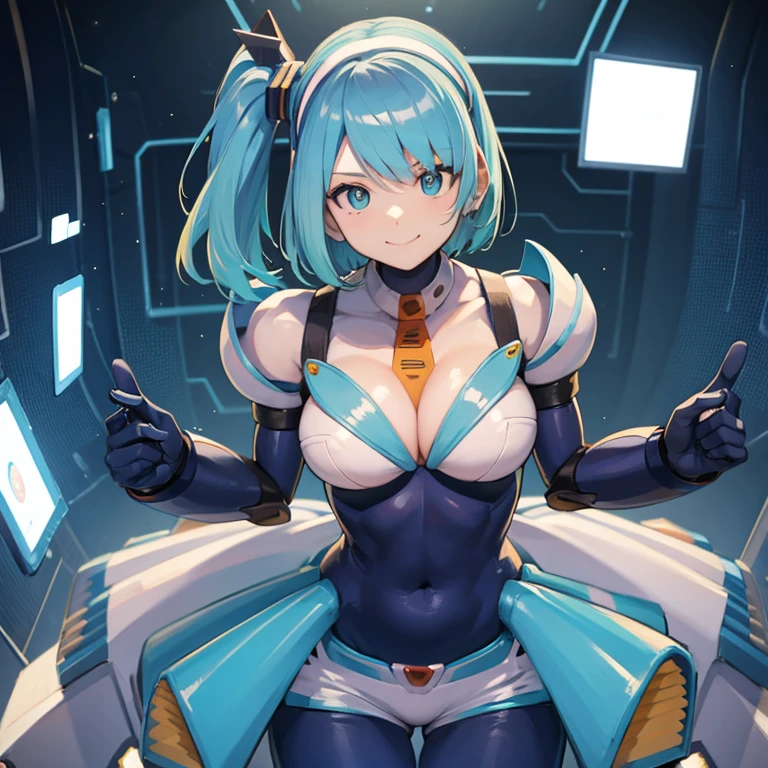 master piece, best quality, high-res, perfect_body, rico_megamanxdive, 1girl, solo, 16yo, blue eyes, short hair, blue hair, huge_breasts, android, bodysuit, cyberspace, masterpiece, high quality, smile, Cyber-shot, Cyber-effect,