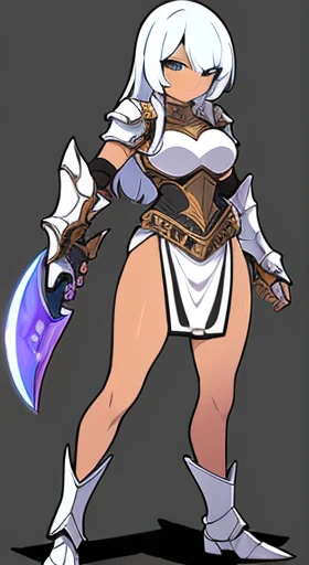 (((Best Quality))) , ((full body)), female, reference sheet, solo, (white background), slit dress, holding weapon, loin cloth, gauntlet, plate armor,