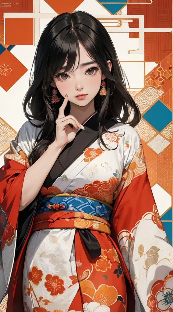 ((8k wallpaper of extremely detailed CG unit, ​masterpiece, hight resolution, top-quality, top-qualityのリアルテクスチャスキン)), ((a very beautiful woman, Seductive facial expressions, Plump lips, The upper part of the body, Japanese pattern haori, Japanese pattern micro mini shorts)), (messy black hair, de pele branca, Small), ((Colorful background with geometric patterns, Japanese pattern background, warm color, white backgrounid)), hyper realisitic, digitial painting, concept-art,