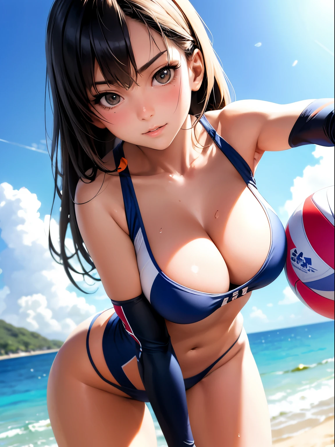 (Best Quality, masutepiece),ultra detailed photographic,1girl in, female beach volley player ,Shoot the ball ,Large breasts,nice legs, At the beach volleyball venue,Detailed beautiful face,Beautiful eyes,detailed hairs,detailed clothes,Detailed realistic skin,Cool,Dynamic Angle,