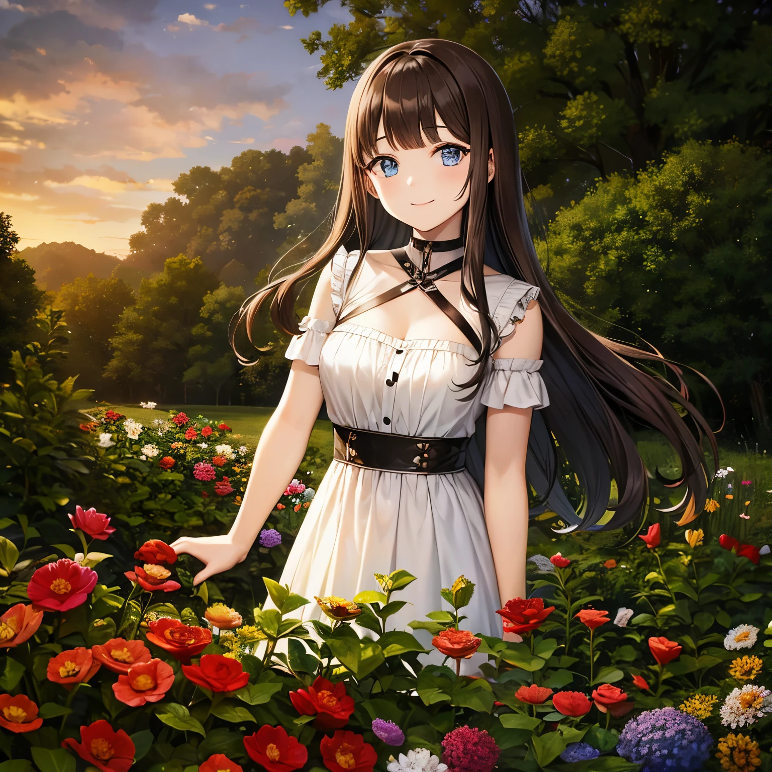 21 years old girl, wavy long hair, dark brown hair colour, blunt bangs, blue eyes, smile, garden,