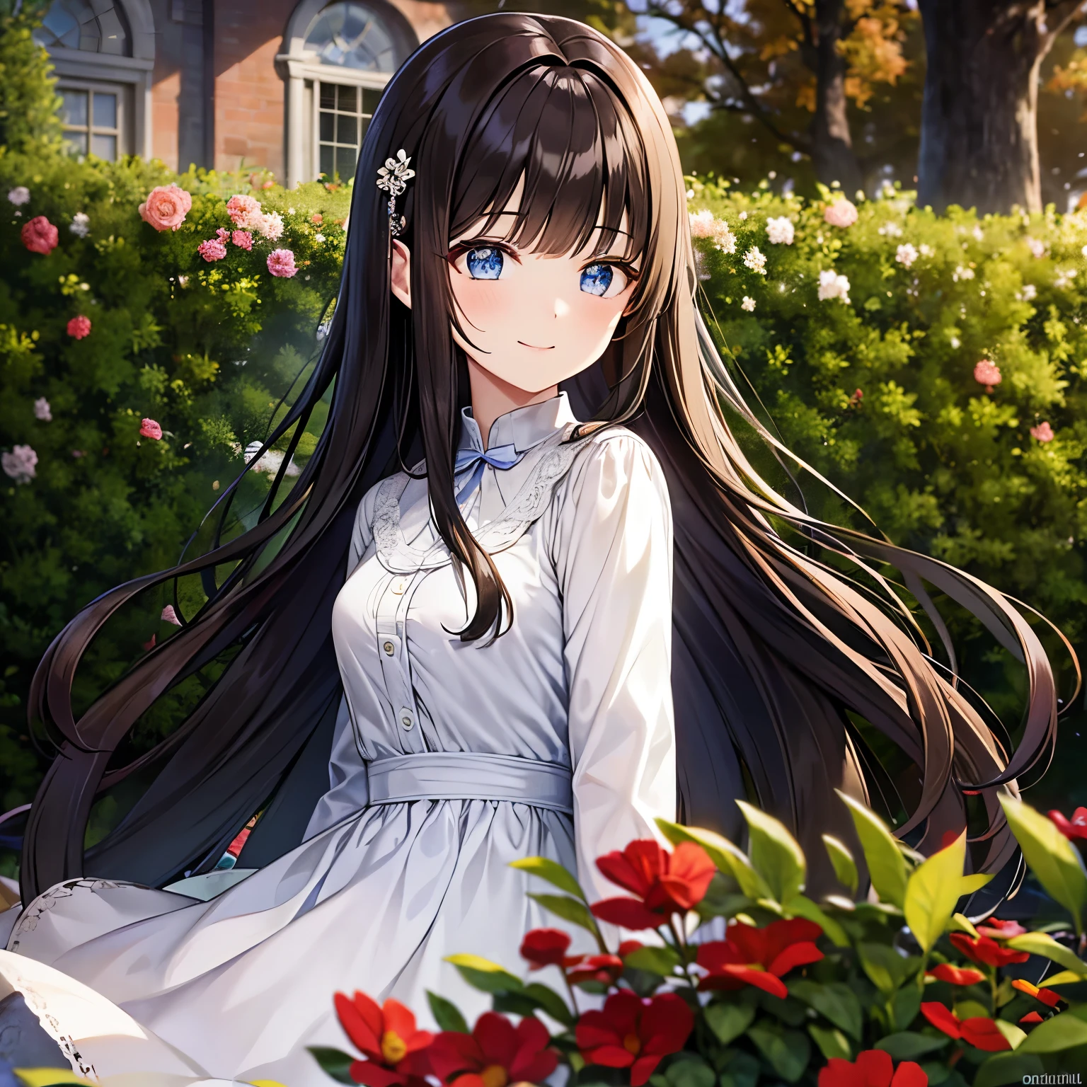 21 years old girl, wavy long hair, dark brown hair colour, blunt bangs, blue eyes, smile, garden,