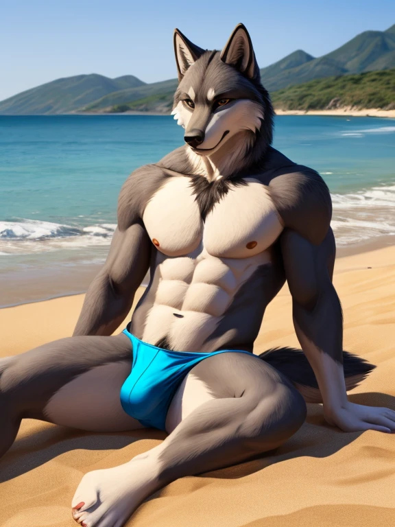 Muscular grey wolf bulge, beach