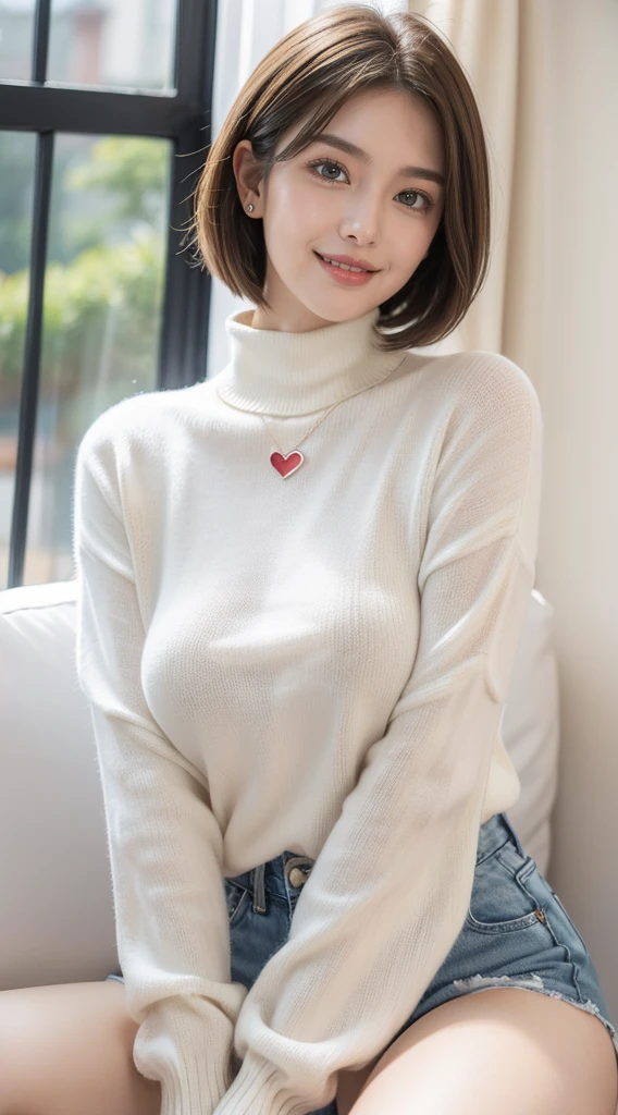 , top-quality、high-detail:1.4、Very attractive beauty、Add intense highlights to the eyes、Look firmly at the camera:1.4、A beautiful woman full of charm、Ideal ratio body proportions、Perfect Anatomy、Brunette Short Bob Hair、Lustrous hair、bangss:1.4、shiny bangss:1.4、lipgloss),1girl in, report, Light brown shiny hair, muffler,realisitic, looking at the viewers、Tilt your head slightly, Bright colored crystal light blue eyes, short shiny hair、 White turtleneck outfit with a hole in the center of the chest,Sexy white turtleneck knit sweater with a round hole in the middle of the chest、 s lips, lipgloss, The upper part of the body、big eye、Lashes、A little red in the face、Embarrassing)、((italian road in winter))、((short hair with big eyes、Put very strong highlights in your students、{Gigantic|Big|Huge|Mega} breasts:1.4、very Bigger breasts、gazing at viewer、Very beautiful beauty、Put your ears out、long neck、little smiling、Beautiful teeth、Open your mouth and smile、Heart-shaped pupil))、28 year old、Very cute supermodel、