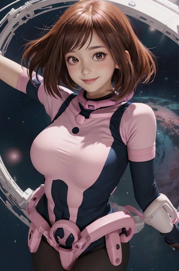 ((tmasterpiece, Best quality at best;1.3)), ultra - detailed, detailedbackground, 1 girl, Alone, ssmile,   Tights,Ochaco Uraraka, looking at viewert, Bigchest,Pink set,
School Background, Zero gravity,actual, galaxias, the space, flight