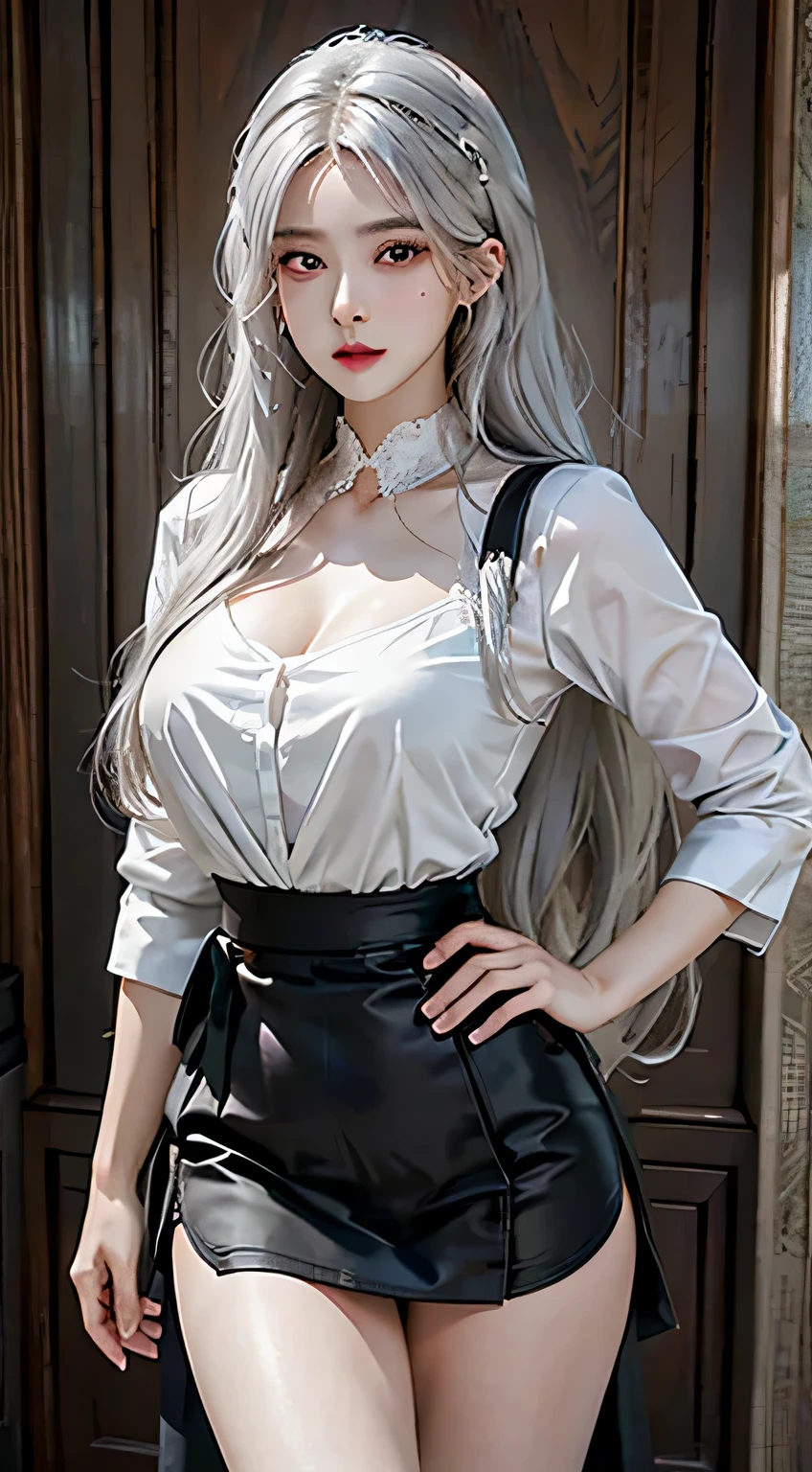 Photorealistic, High resolution, 1womanl, Solo, hips up high, view the viewer, (Detailed face), White hair, Long hair, maid clothes, Jewelry (posterior view)