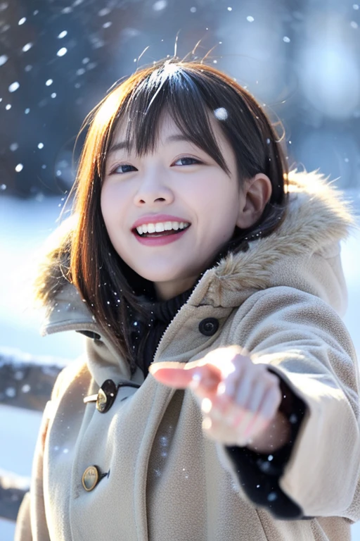（masutepiece、Top image quality、４ｋ、８ｋ、）、It's snowing、Hands outstretched、brue eyes、Short Bob、a blond、Beautiful hair color、Woman trying to grab snow falling from the sky、a smile、Laughing、White teeth are visible、wearing a long coat、girl with：０．３、The sight of falling snow：１．０、Cinematic direction、Lighting with great attention to detail、A hand that pays attention to detail