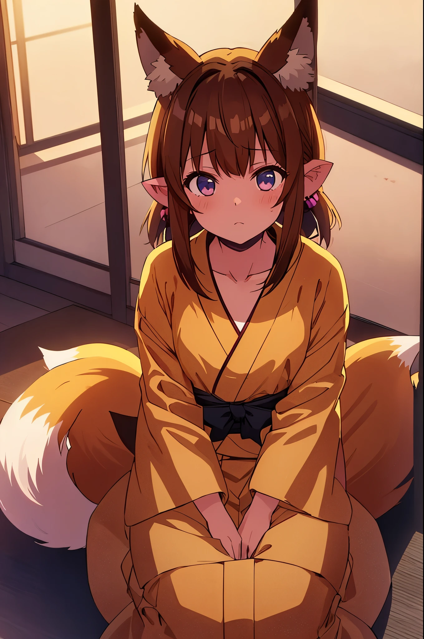 Anatomical, Award-winning concept art, Beautiful, fine details, ((Looking up at Viewer)), 1 Girl, Full Body, Solo, sitting, sitting on legs, (((Kitsune))), ((((((Very Dark brown fox tails and ears)))))), (((multiple kitsune fox tails))), (((((Very Dark brown hair))))), shoulder length hair, soft brown eyes, ((((purple yukata with black sash)))), Masterpiece, Best Quality, Super Detail, Illustration, Very Delicate and Beautiful, solo, Dynamic Angle, Looking at viewer, anime moe artstyle, shoulder length hair, (plump), exceptionally beautiful, high quality, volumetric lighting, Kitsune, Blush, kuudere, Loli, Skinny, Lolita, Child, Cute, Young Appearance, Fantastic Visual Depiction, Professional Effect, Beautiful Girl, Petite Girl, Unevenness, (volumetric lighting), 8 , ((Dynamic angle))