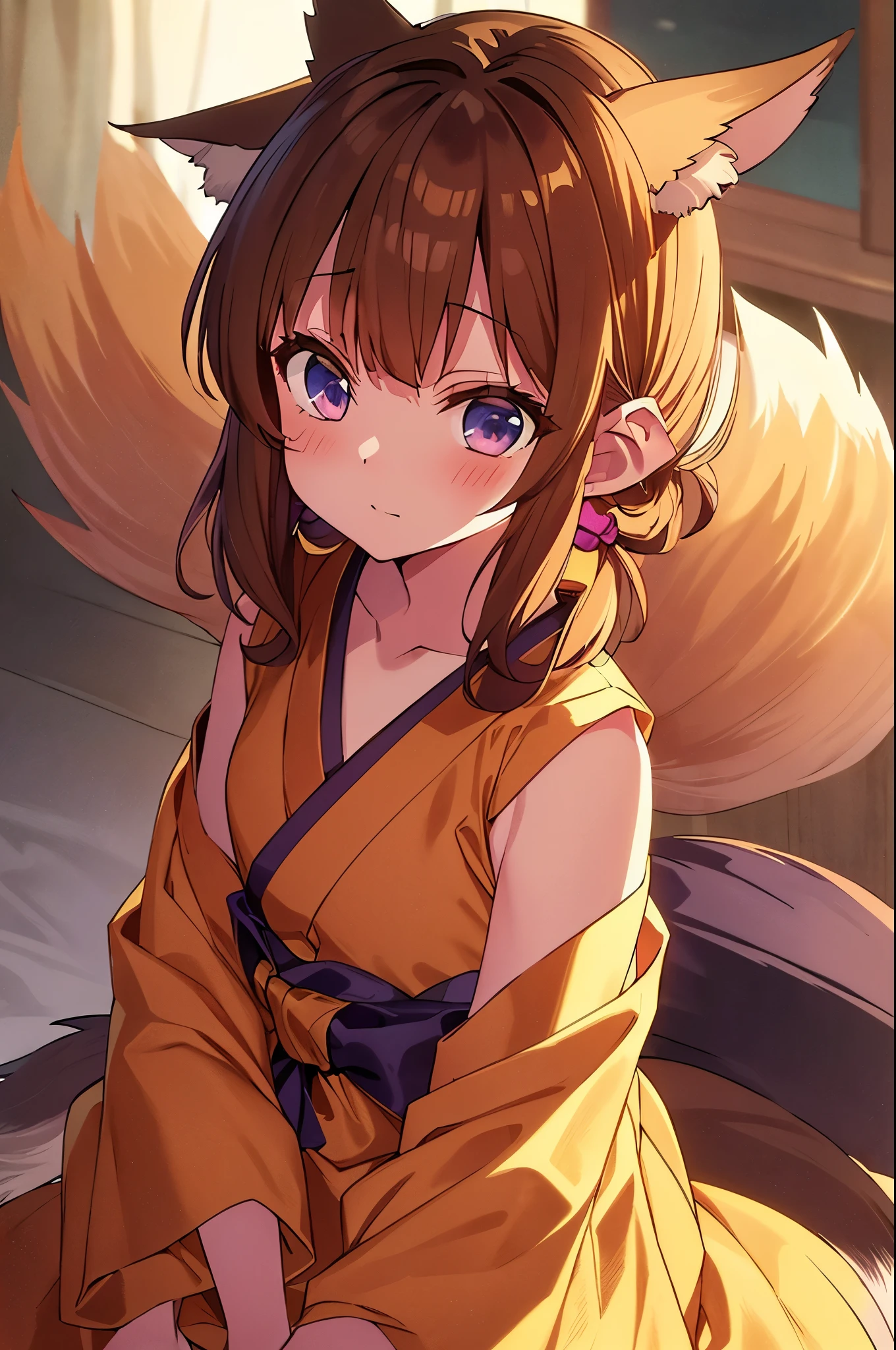 Anatomical, Award-winning concept art, Beautiful, fine details, ((Looking up at Viewer)), 1 Girl, Full Body, Solo, sitting, sitting on legs, (((Kitsune))), ((((((Very Dark brown fox tails and ears)))))), (((multiple kitsune fox tails))), (((((Very Dark brown hair))))), shoulder length hair, soft brown eyes, ((((purple yukata with black sash)))), Masterpiece, Best Quality, Super Detail, Illustration, Very Delicate and Beautiful, solo, Dynamic Angle, Looking at viewer, anime moe artstyle, shoulder length hair, (plump), exceptionally beautiful, high quality, volumetric lighting, Kitsune, Blush, kuudere, Loli, Skinny, Lolita, Child, Cute, Young Appearance, Fantastic Visual Depiction, Professional Effect, Beautiful Girl, Petite Girl, Unevenness, (volumetric lighting), 8 , ((Dynamic angle))